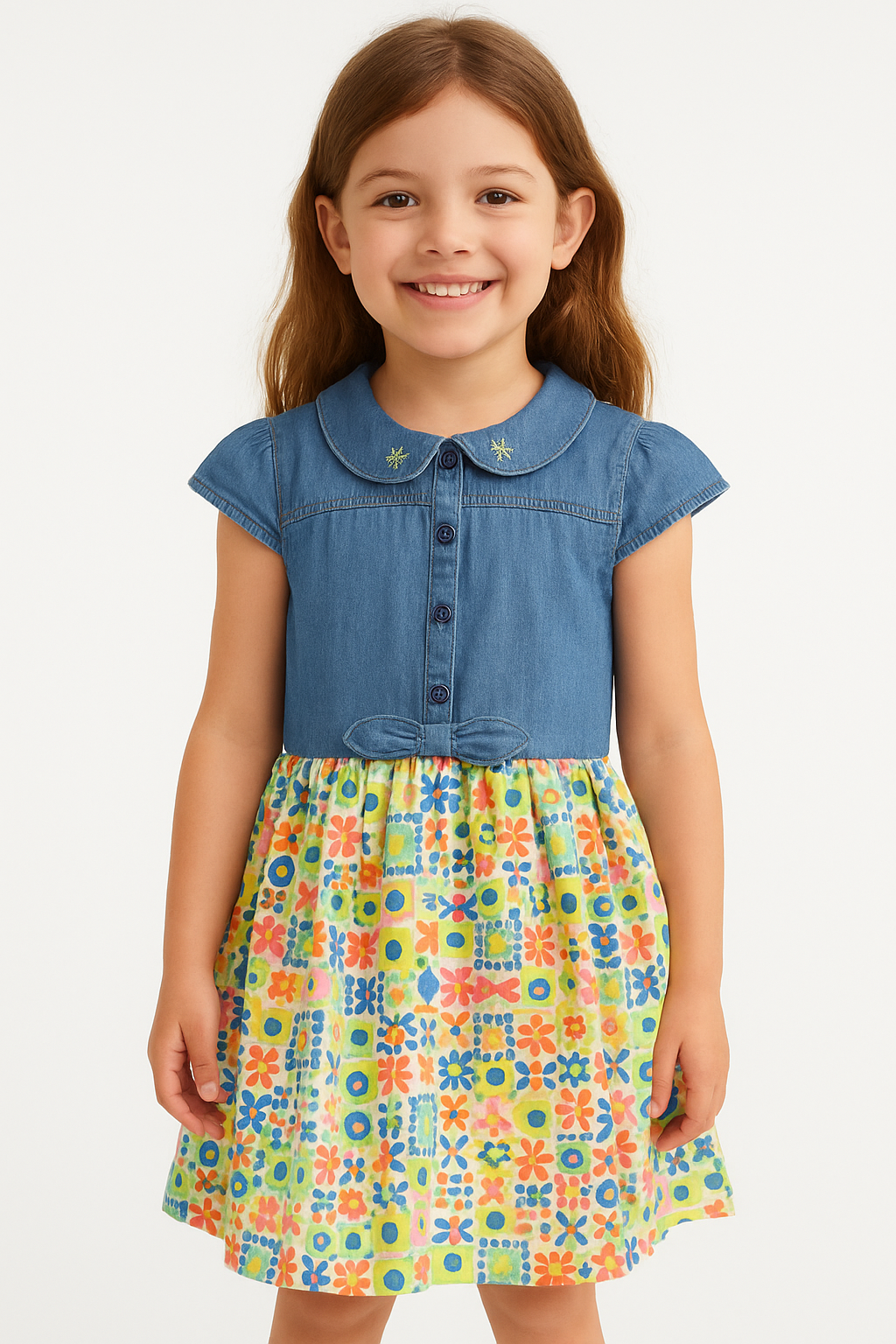 Girls' Denim Top Dress with Embroidered Peter Pan Collar and Colorful Geometric Print Skirt