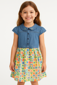Girls' Denim Top Dress with Embroidered Peter Pan Collar and Colorful Geometric Print Skirt