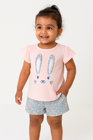 "Baby Girls Pink Bunny Face T-shirt with Floral Print Shorts Set"