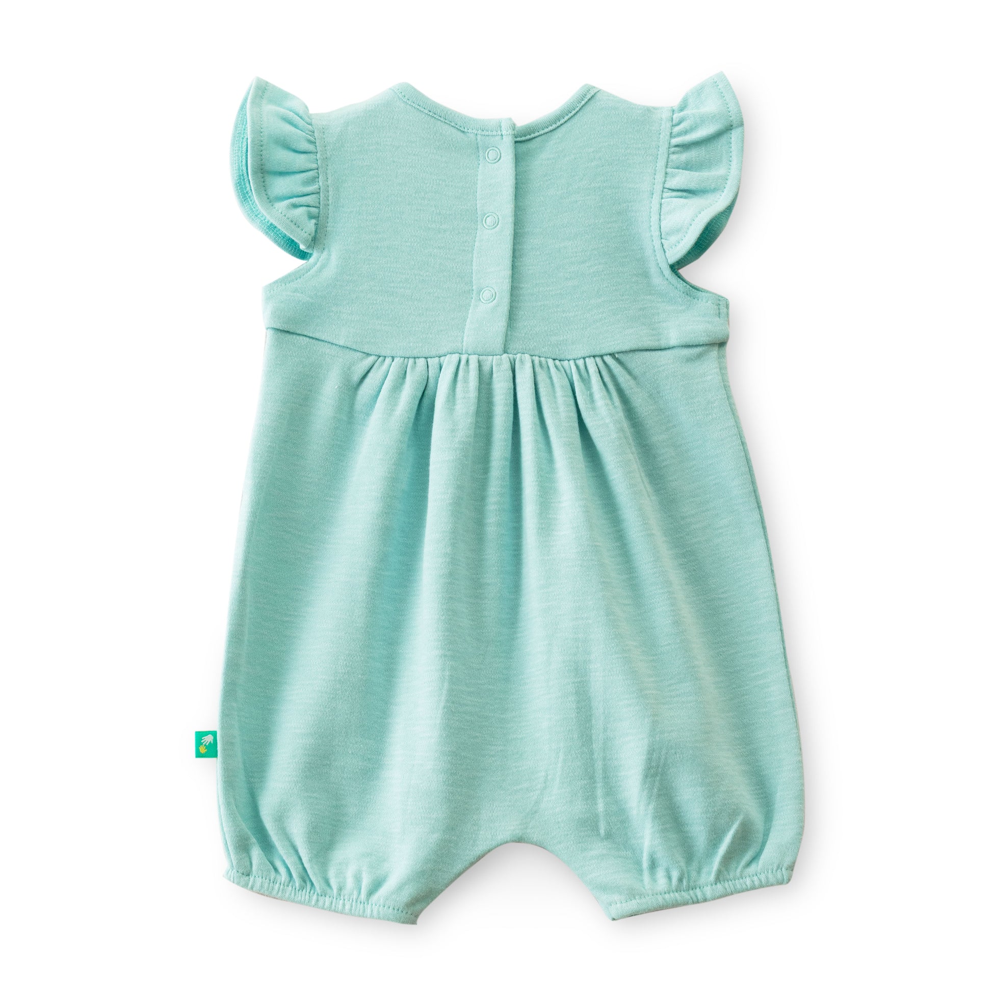 "Baby Girls Mint Green Cotton Romper with Embroidered Yoke & Bow – Flutter Sleeves"