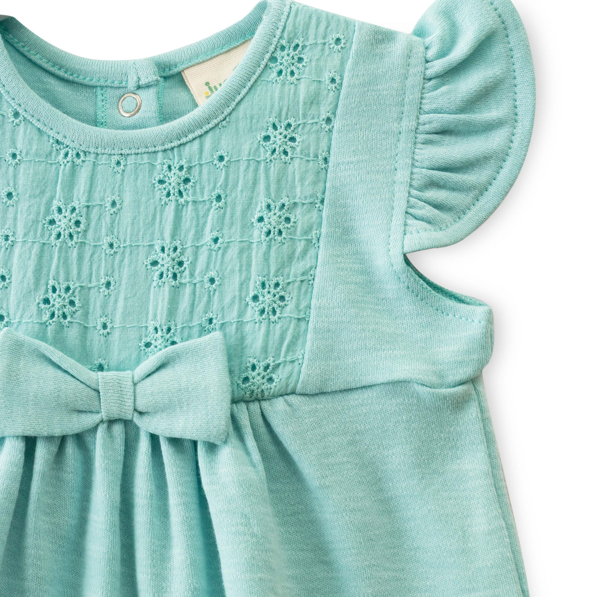 "Baby Girls Mint Green Cotton Romper with Embroidered Yoke & Bow – Flutter Sleeves"