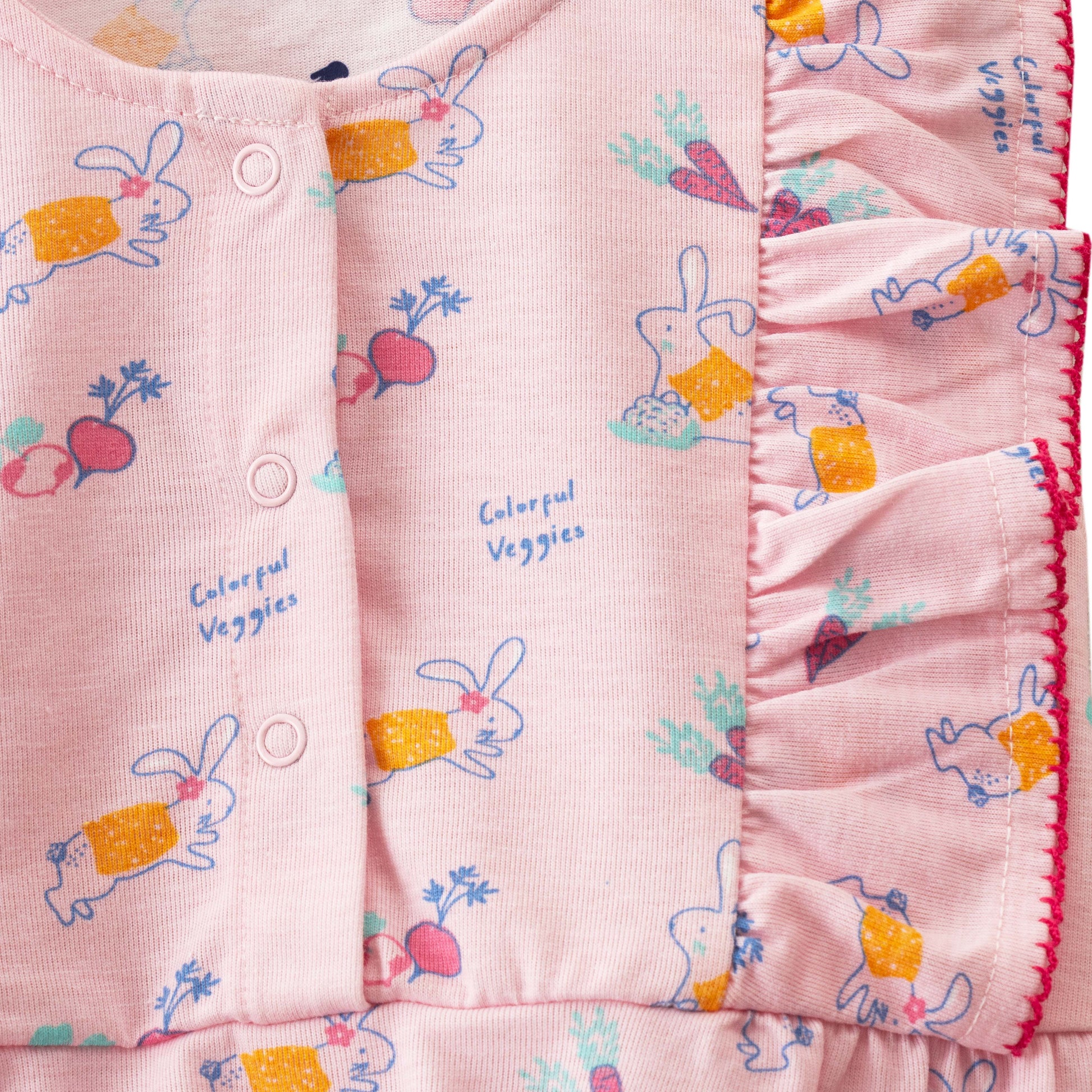 "Baby Girls' Pink Ruffled with Bunny & Veggie Print – Soft Cotton Bodysuit"