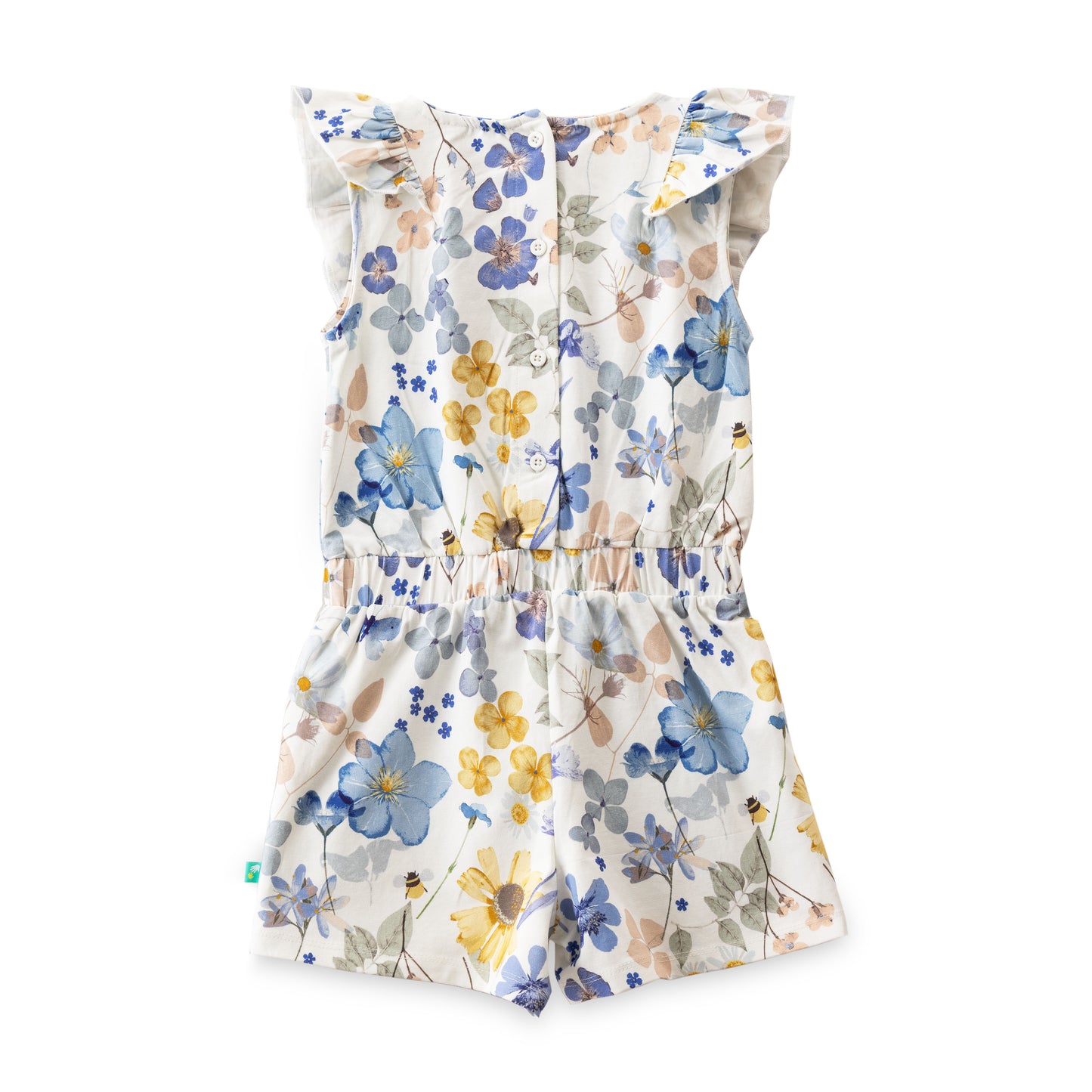 "Girls' Cotton Frill Neck Playsuit with Multicolor Floral Design - Soft Cotton, Ruffle Sleeves
