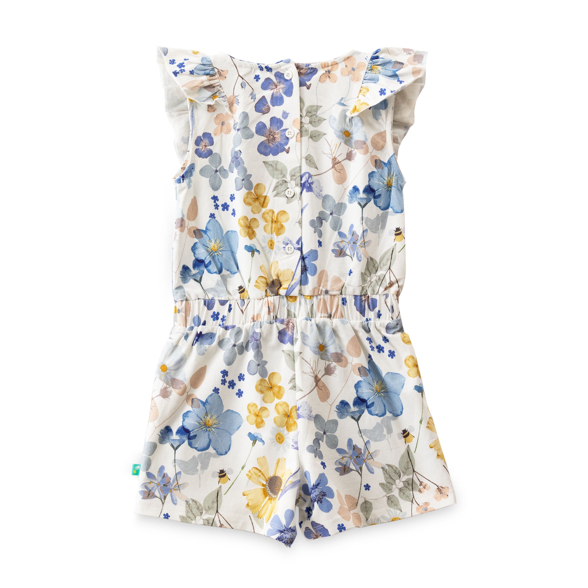 "Girls' Cotton Frill Neck Playsuit with Multicolor Floral Design - Soft Cotton, Ruffle Sleeves