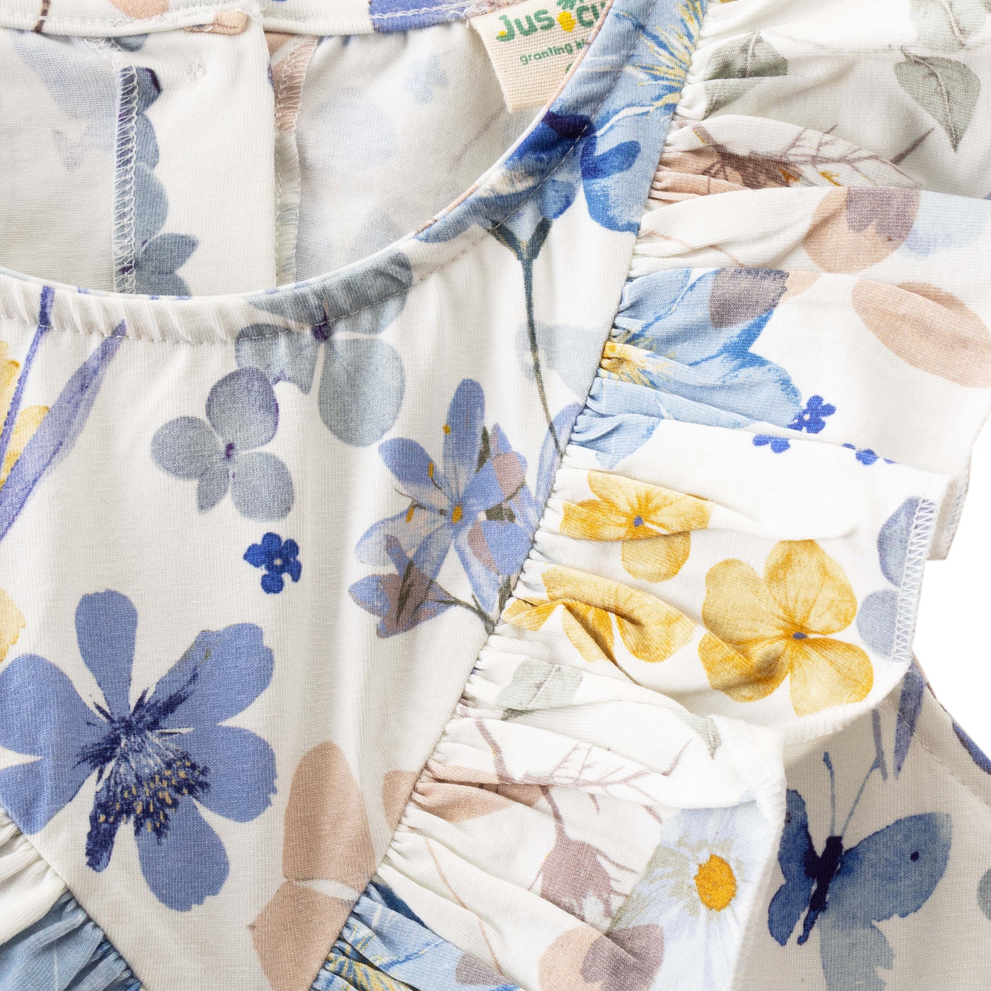 "Girls' Cotton Frill Neck Playsuit with Multicolor Floral Design - Soft Cotton, Ruffle Sleeves