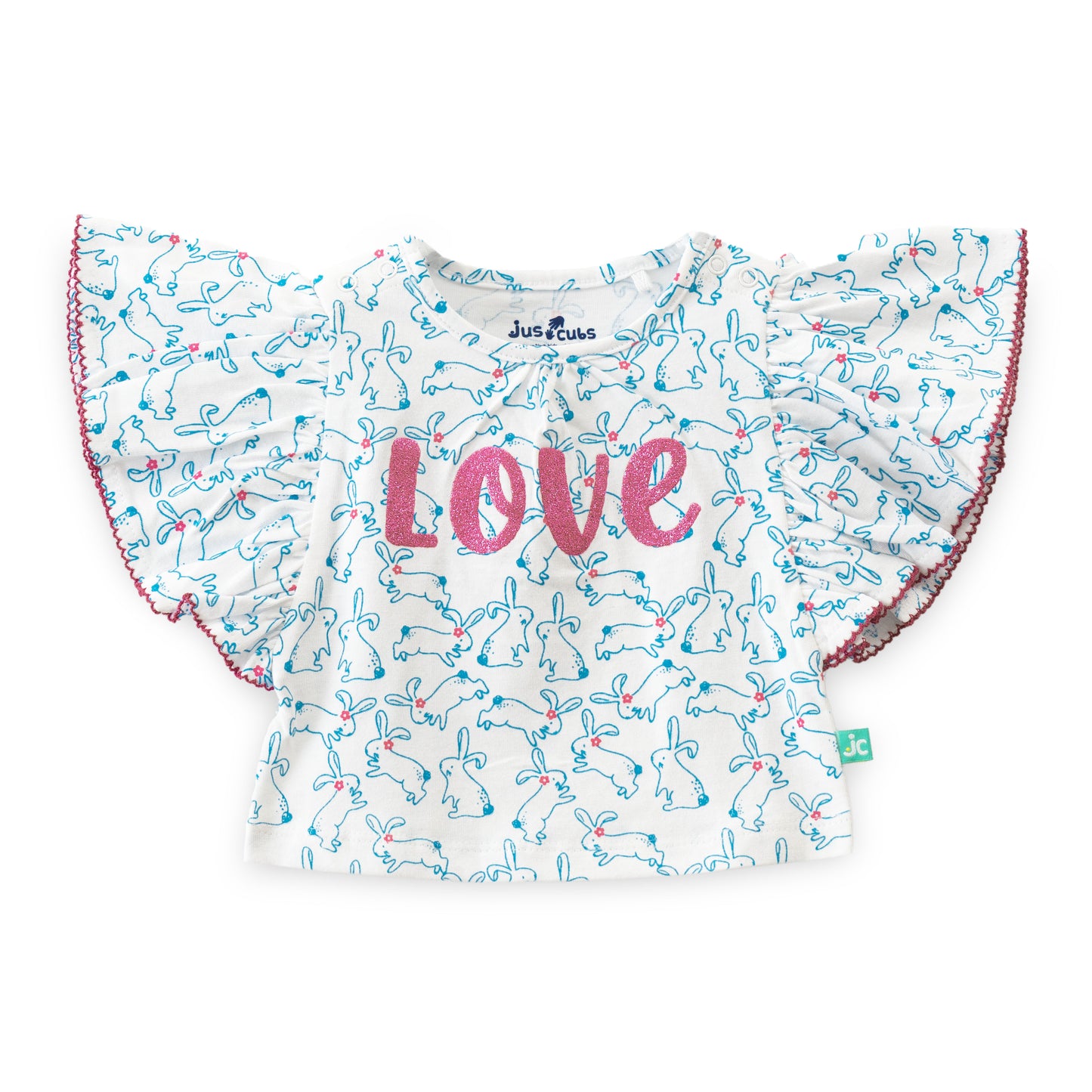"Baby Girls' Bunny Print Cotton Top & Shorts Set – Frill Sleeves with ‘Love’ Print"