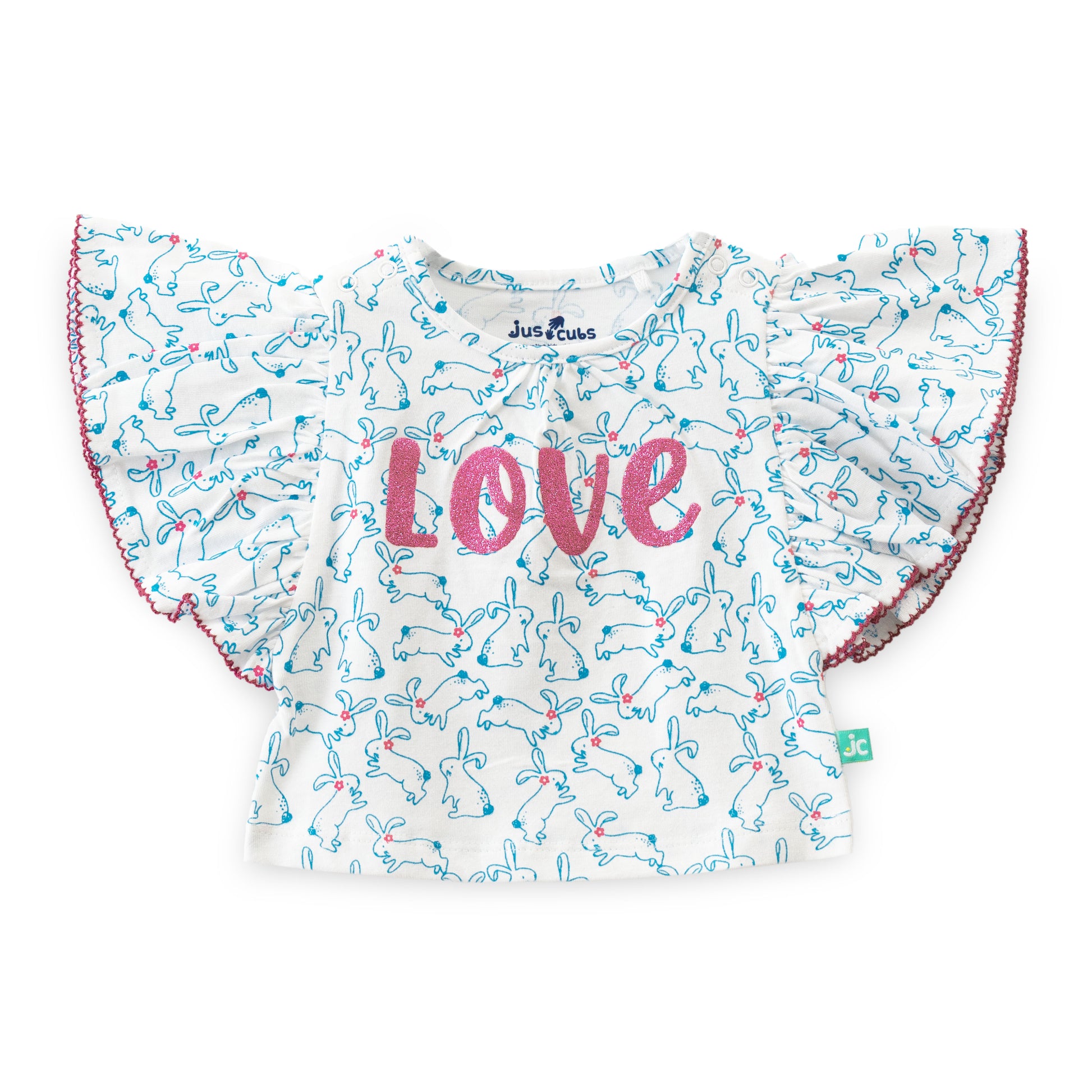 "Baby Girls' Bunny Print Cotton Top & Shorts Set – Frill Sleeves with ‘Love’ Print"