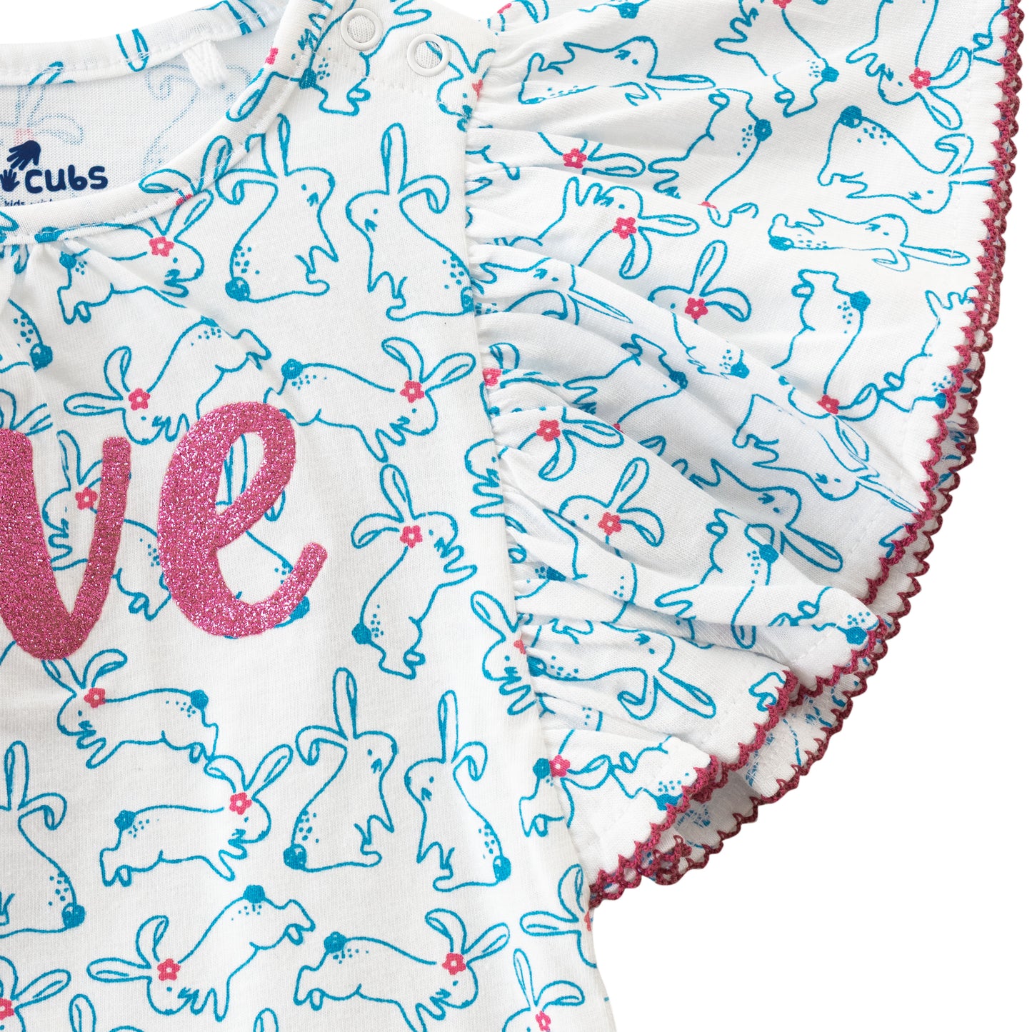 "Baby Girls' Bunny Print Cotton Top & Shorts Set – Frill Sleeves with ‘Love’ Print"