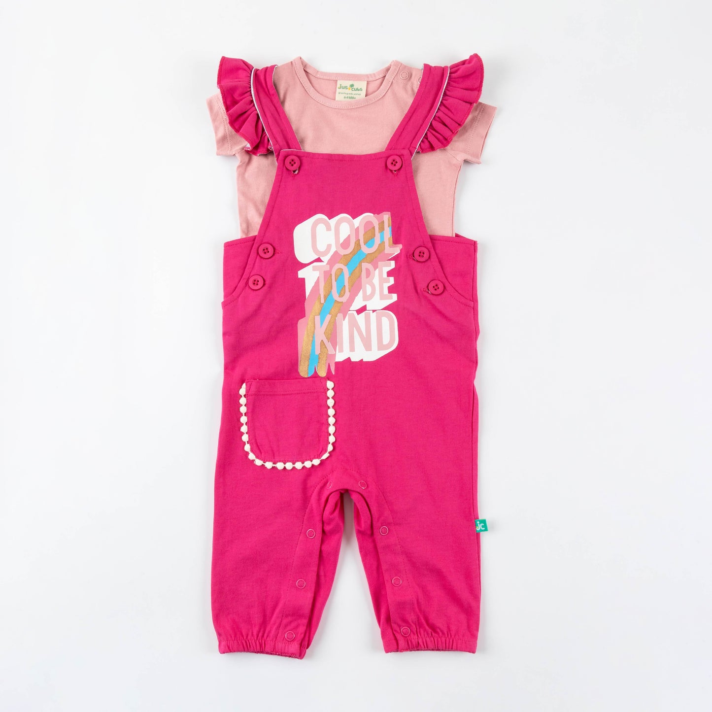 Baby Girls' Pink Ruffle Sleeve Top & Dungaree Set – "Cool to Be Kind" Print