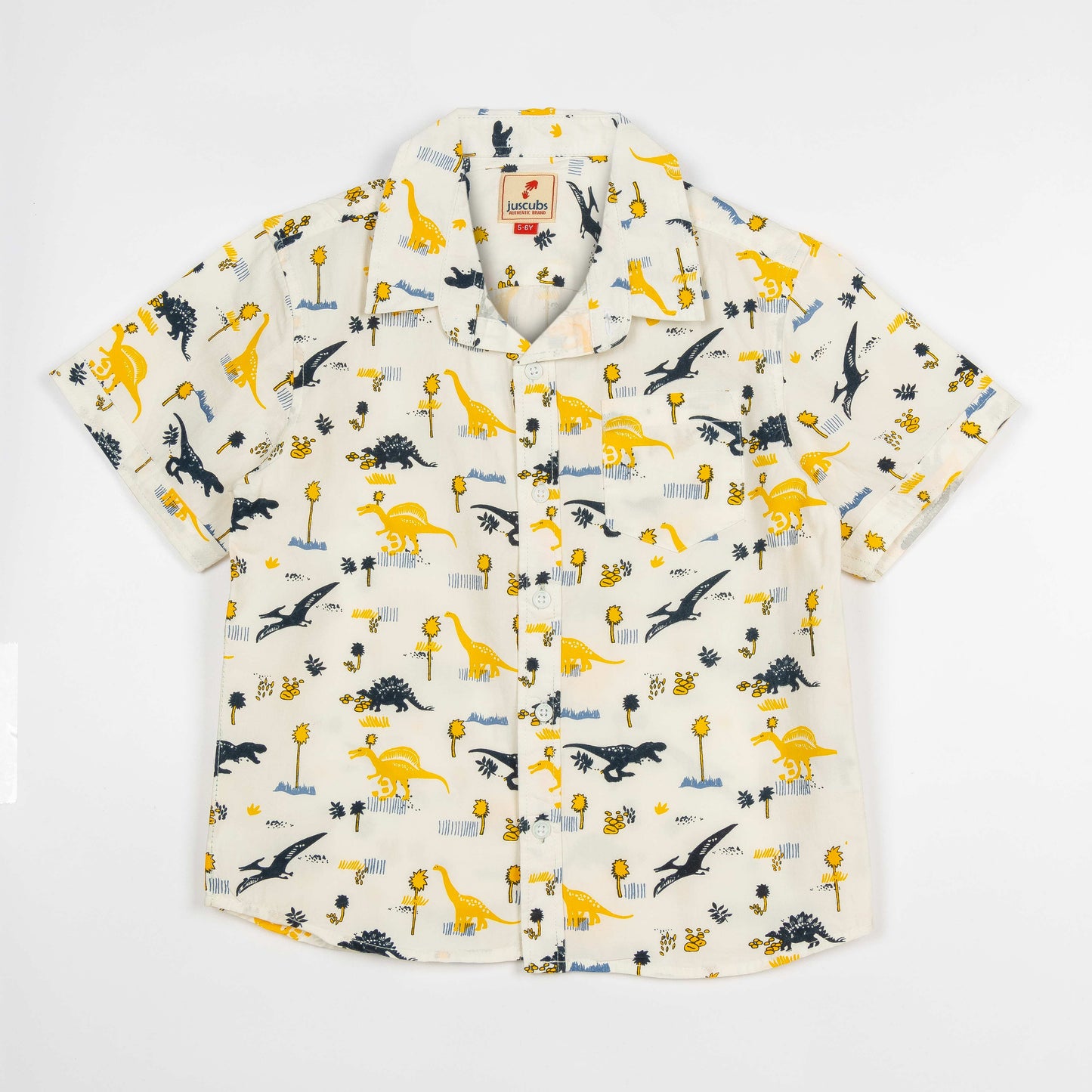 Boys' Dinosaur Print Short Sleeve Button-Up Shirt – Cream & Yellow