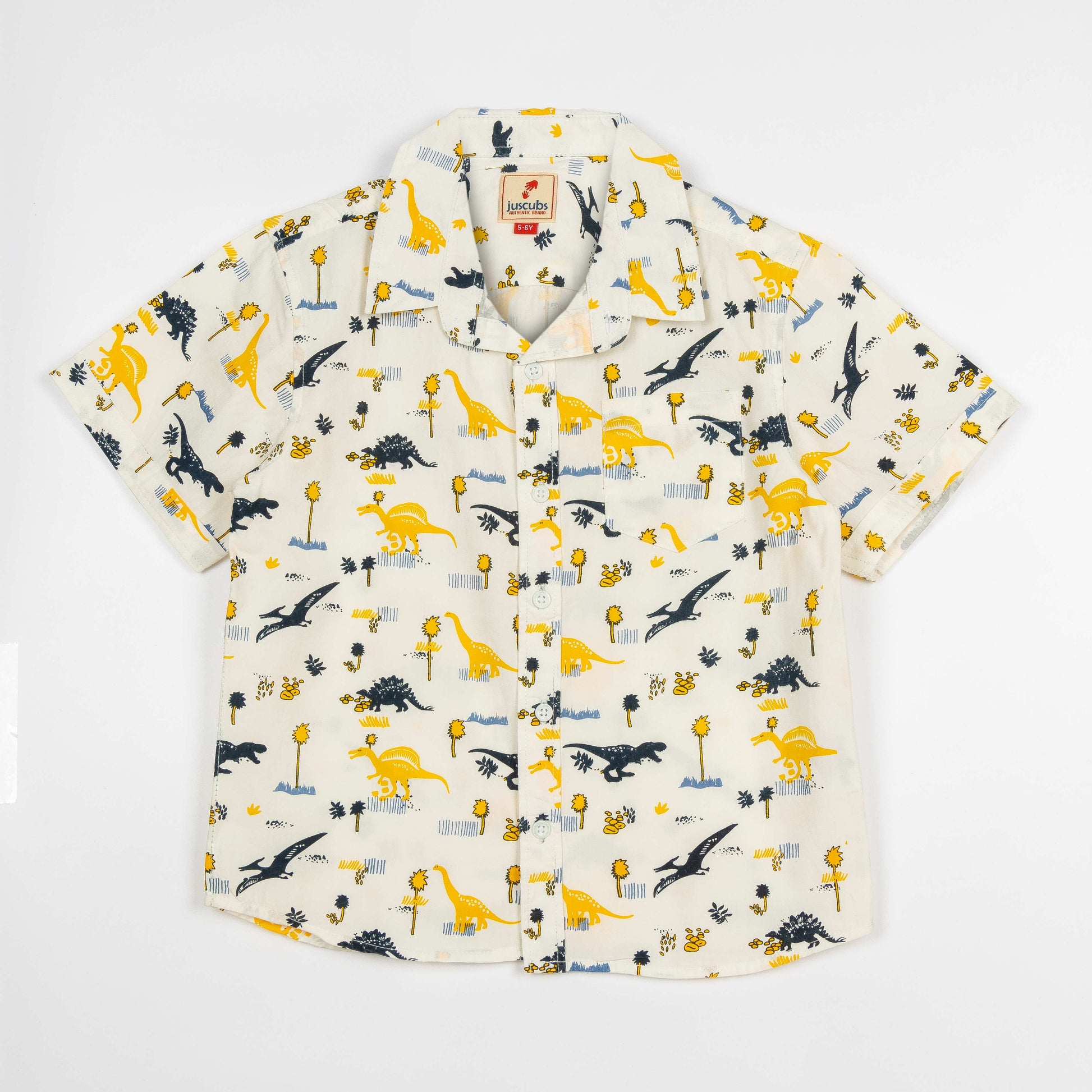 Boys' Dinosaur Print Short Sleeve Button-Up Shirt – Cream & Yellow