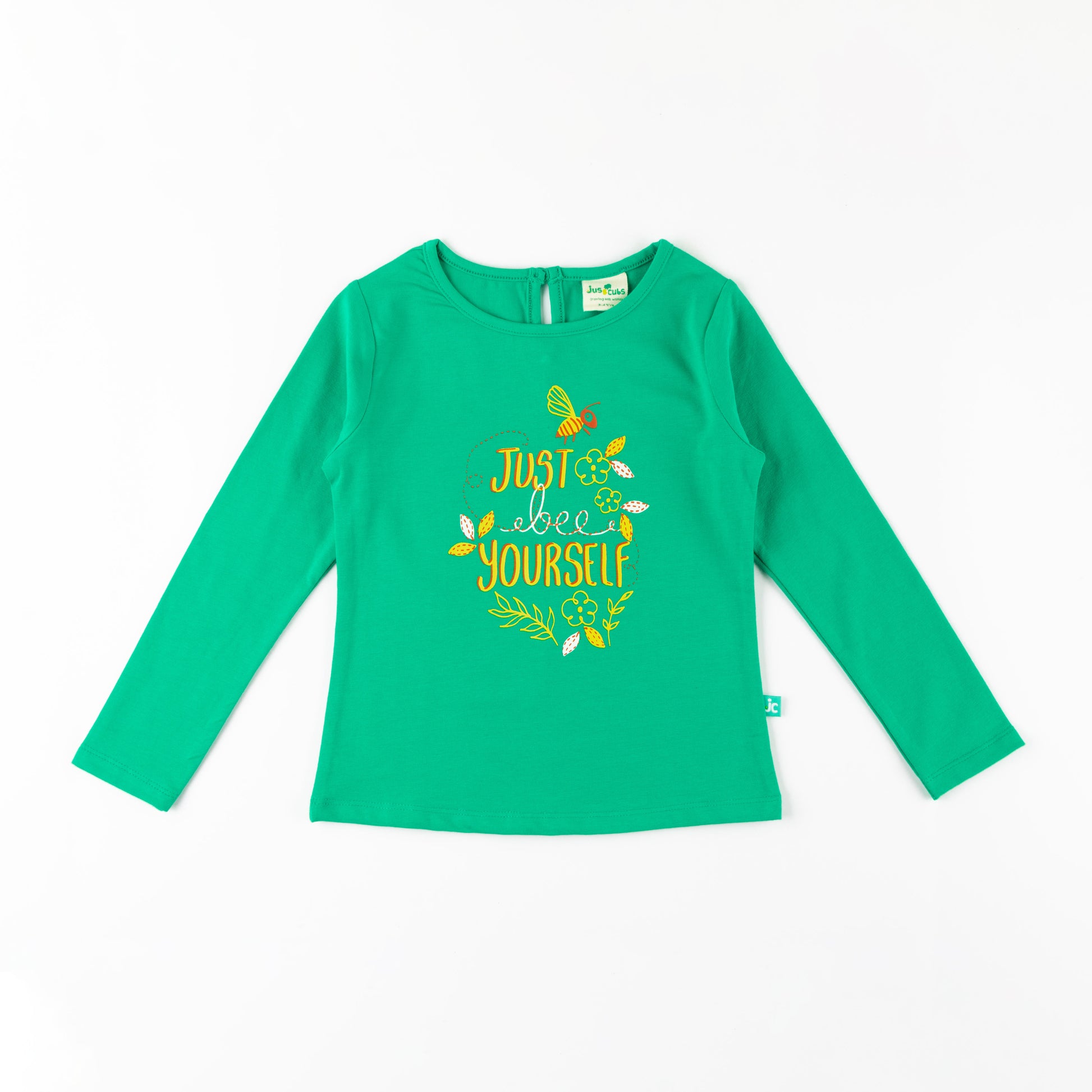"Girls Green Full Sleeve Cotton T-Shirt with 'Just Bee Yourself' Graphic