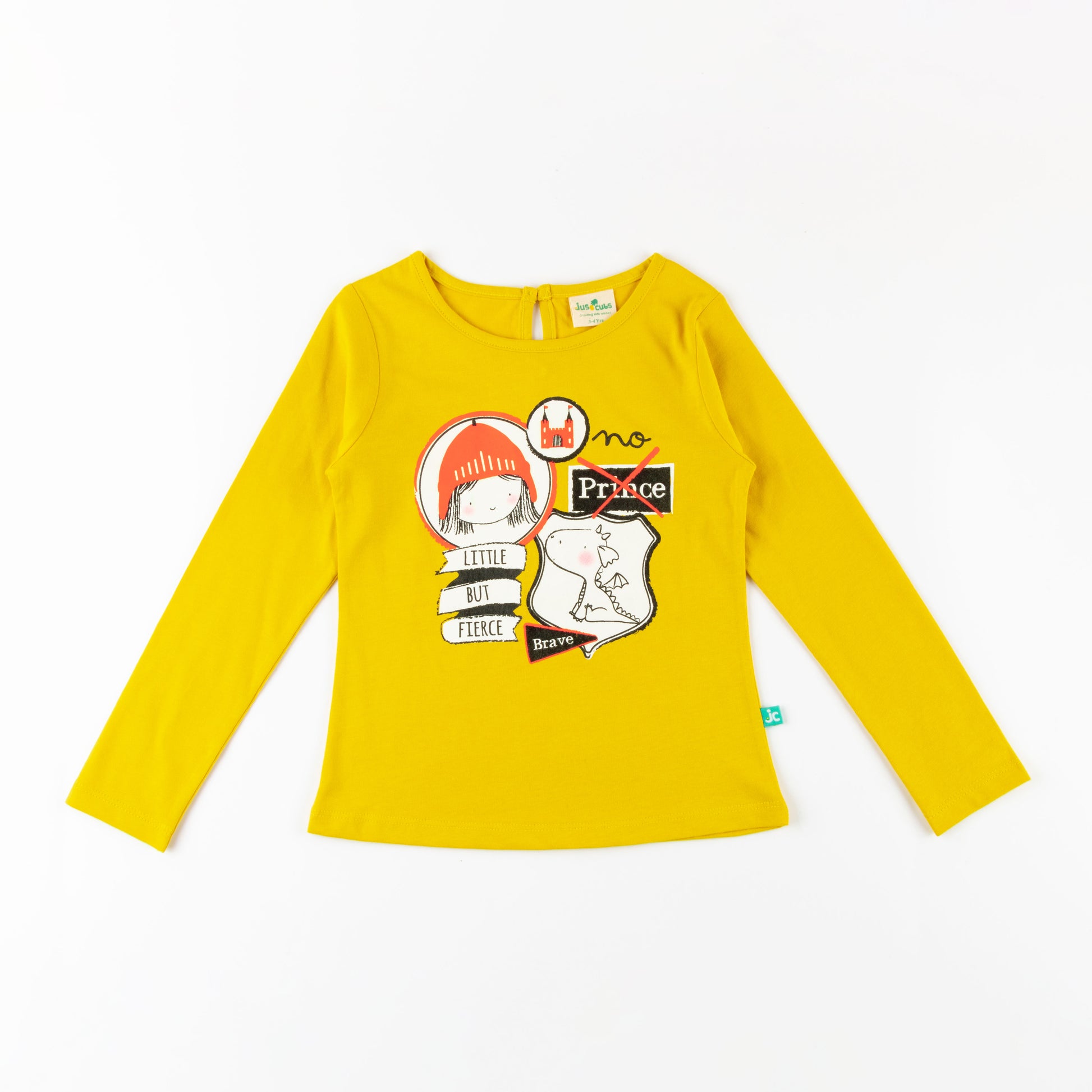 "Girls Mustard Yellow Full Sleeve Cotton T-Shirt with 'Little But Fierce' Print