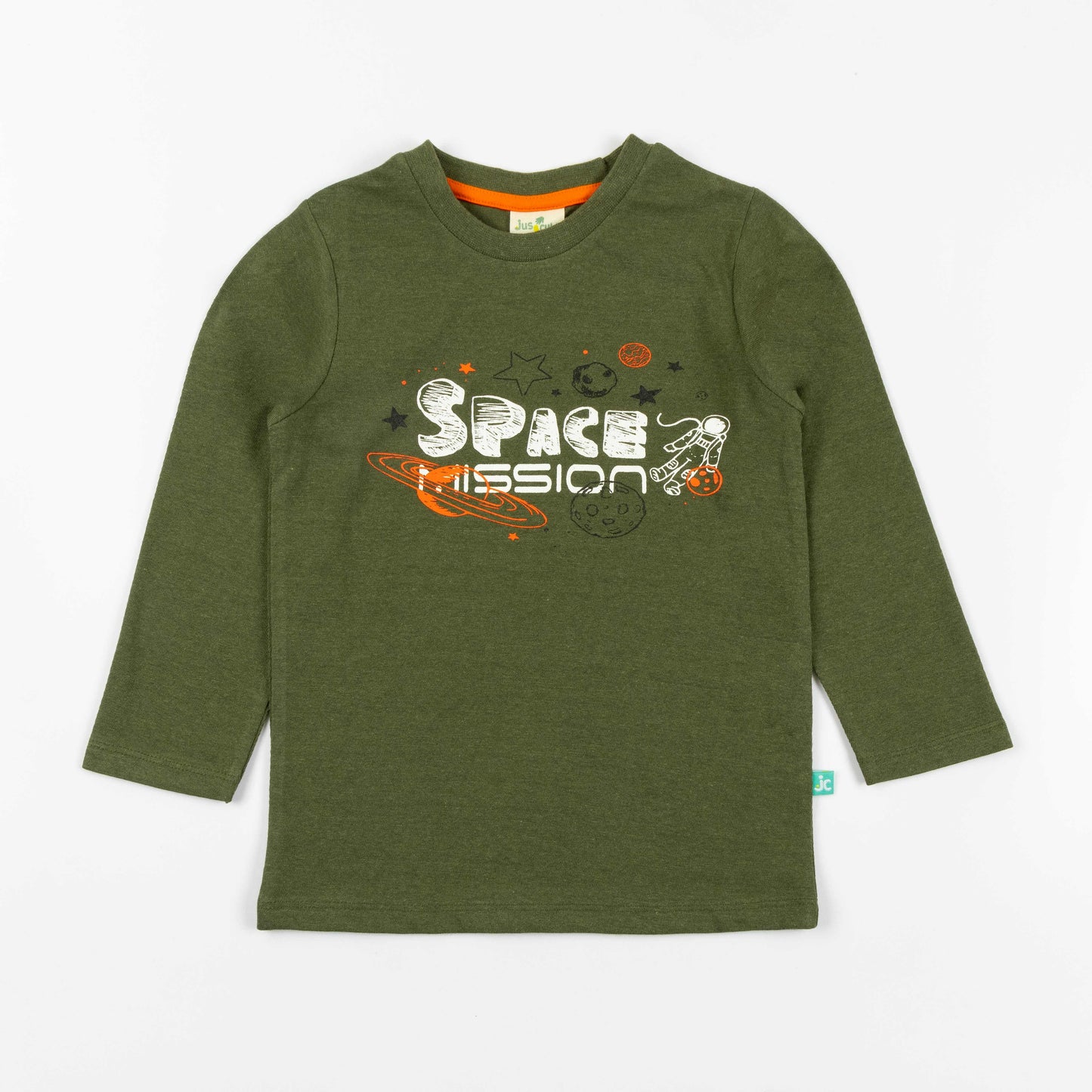 Boys' Olive Green Long Sleeve T-Shirt with Space Mission Print