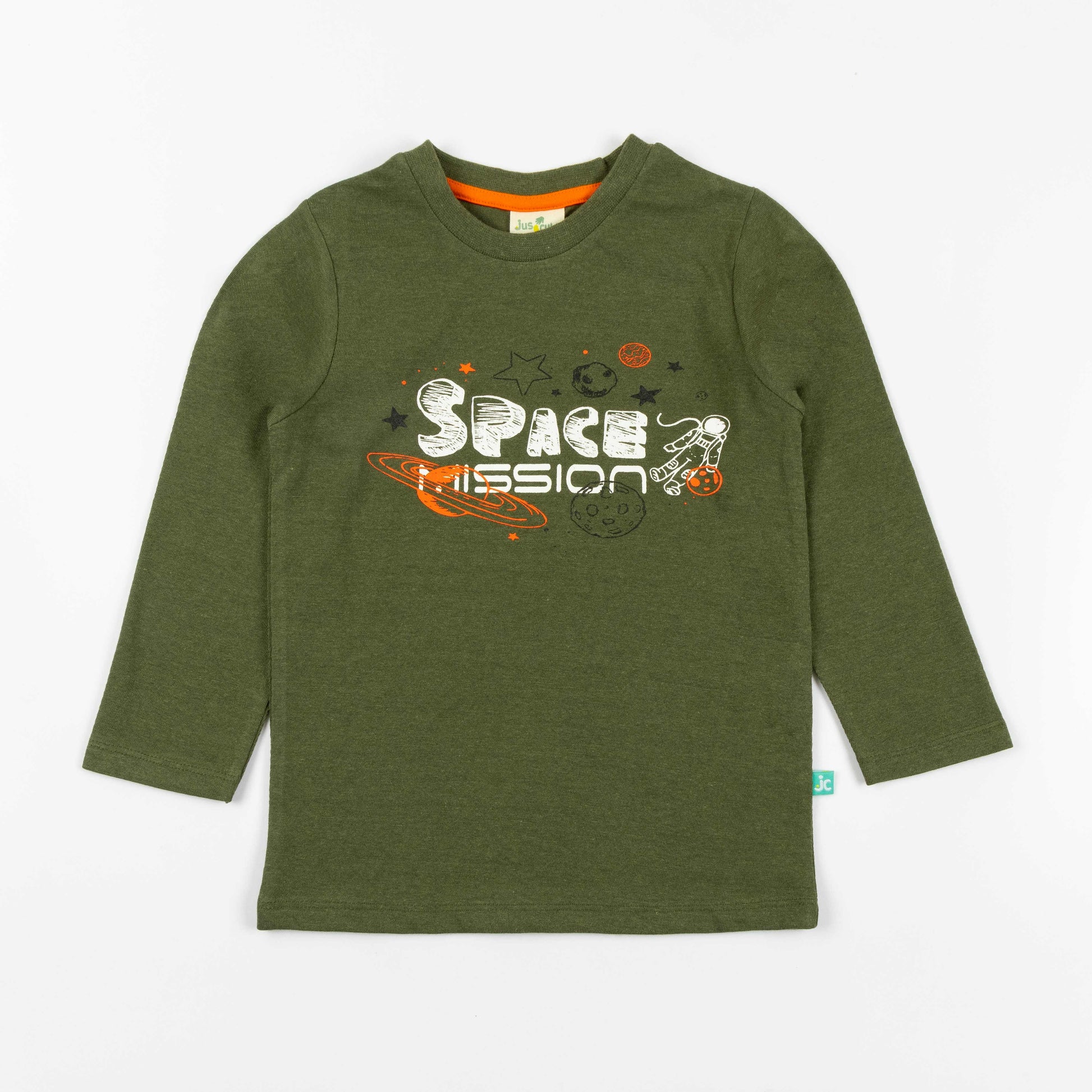 Boys' Olive Green Long Sleeve T-Shirt with Space Mission Print