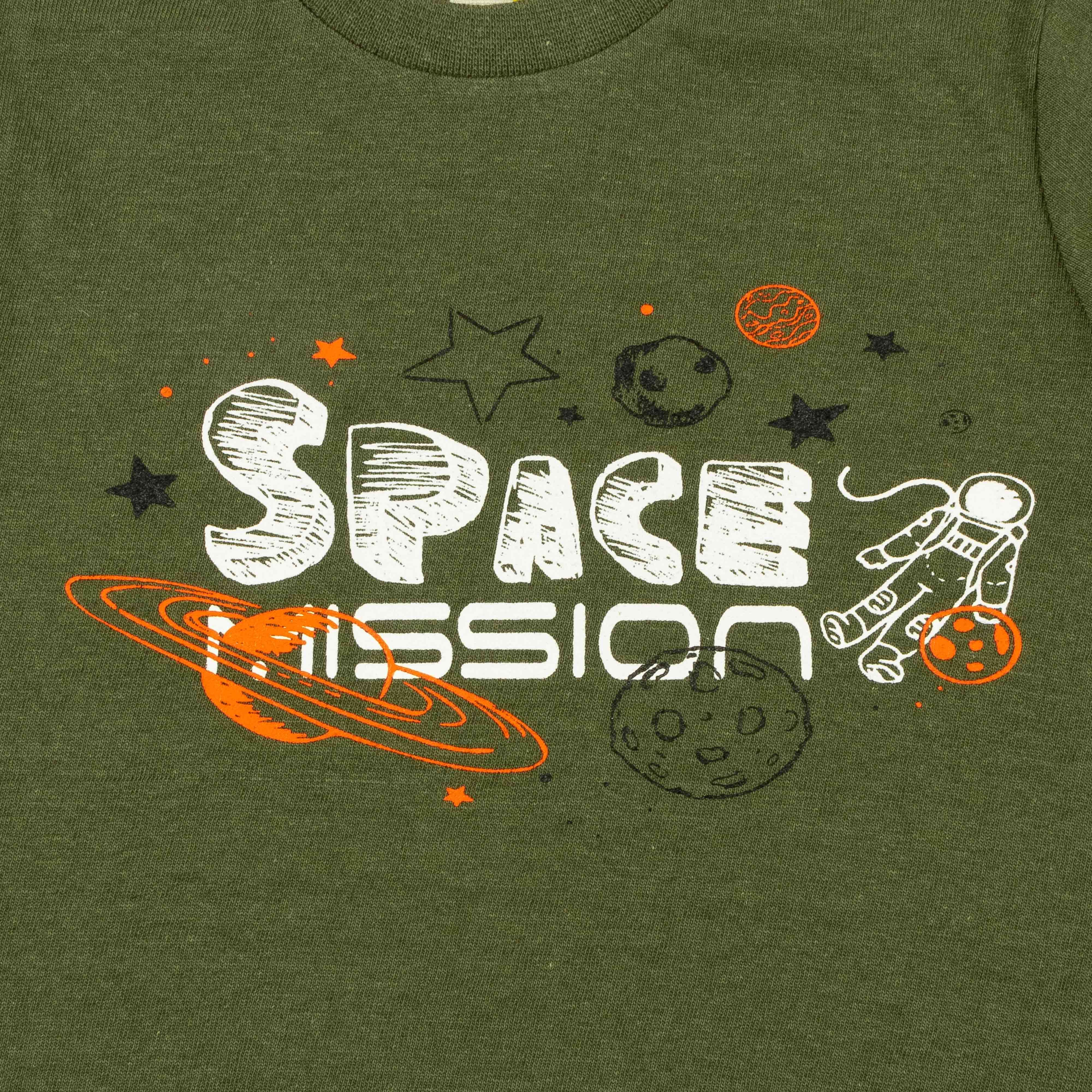 Boys' Olive Green Long Sleeve T-Shirt with Space Mission Print
