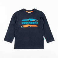 "Boys' Navy Blue Full Sleeve T-Shirt – 'Too Fast!' Race Car Print"