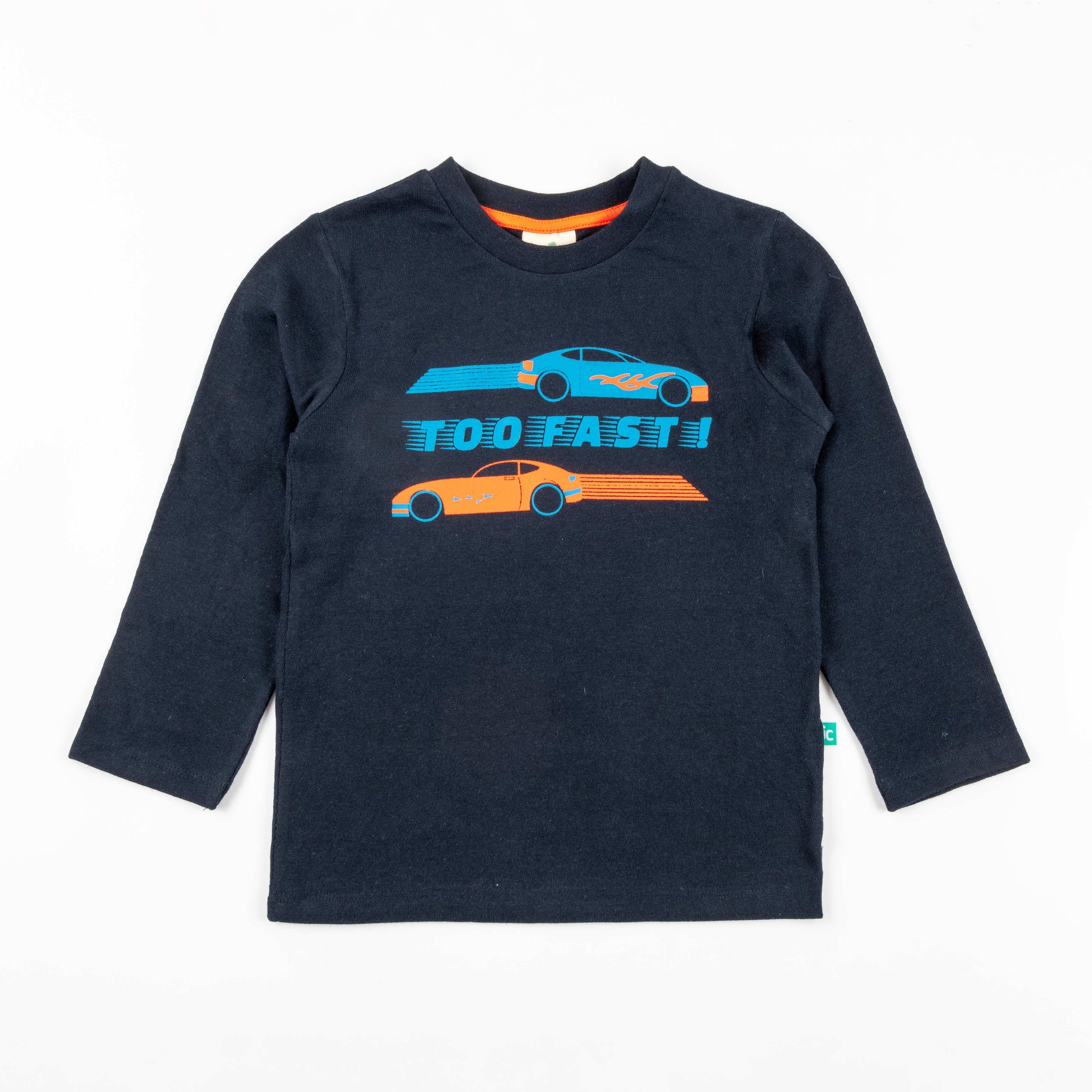 "Boys' Navy Blue Full Sleeve T-Shirt – 'Too Fast!' Race Car Print"