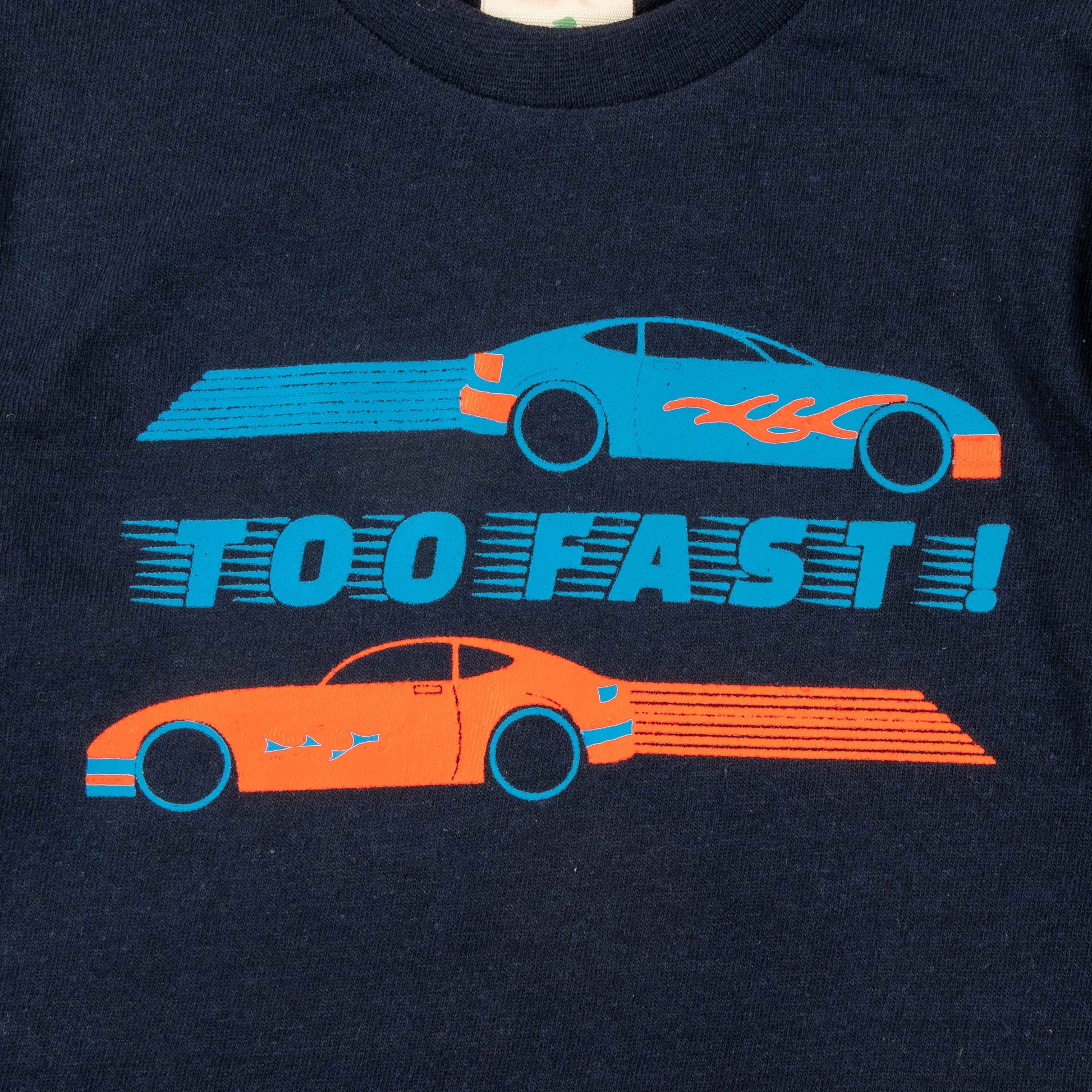 "Boys' Navy Blue Full Sleeve T-Shirt – 'Too Fast!' Race Car Print"