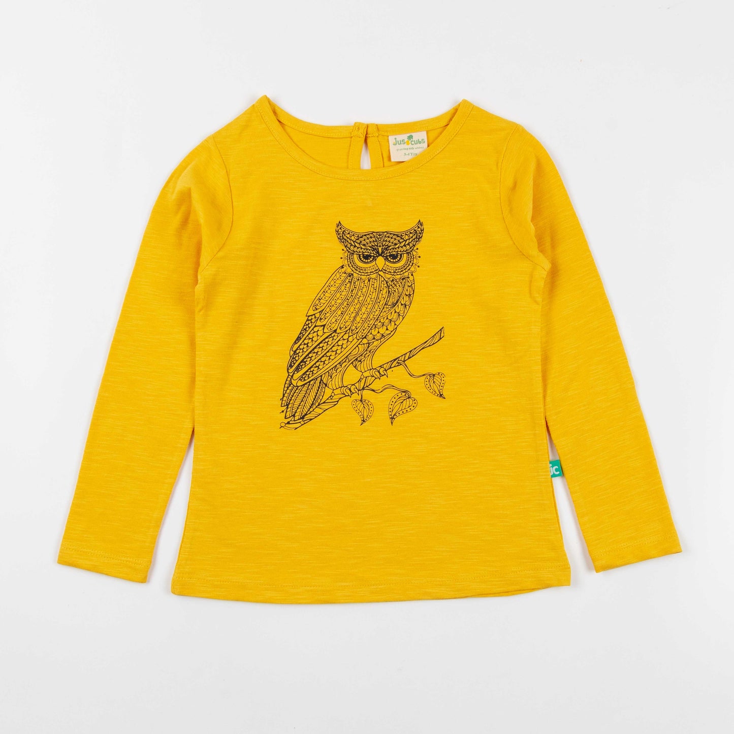 "Girls' Mustard Yellow Full Sleeve T-Shirt – Artistic Owl Graphic"