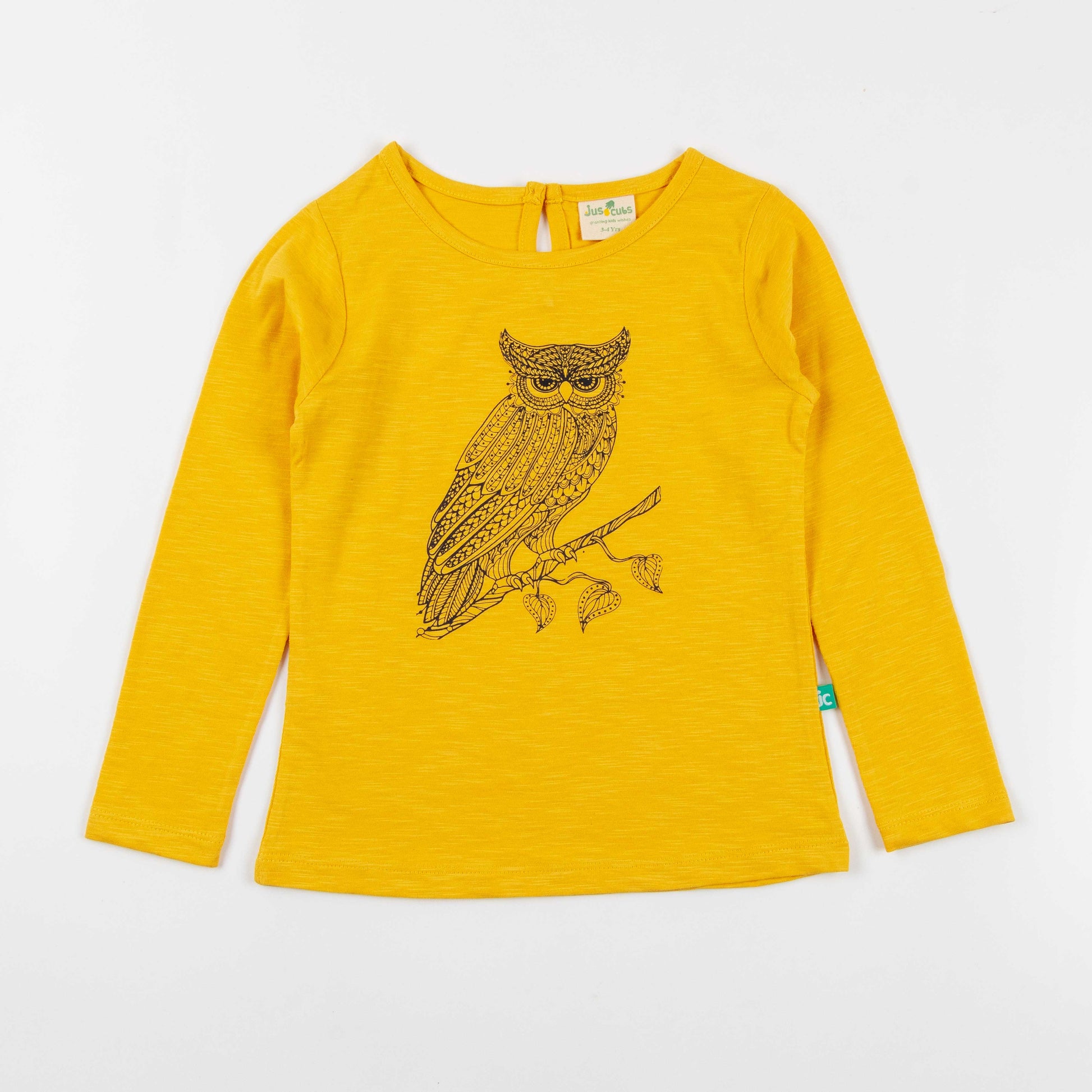 "Girls' Mustard Yellow Full Sleeve T-Shirt – Artistic Owl Graphic"