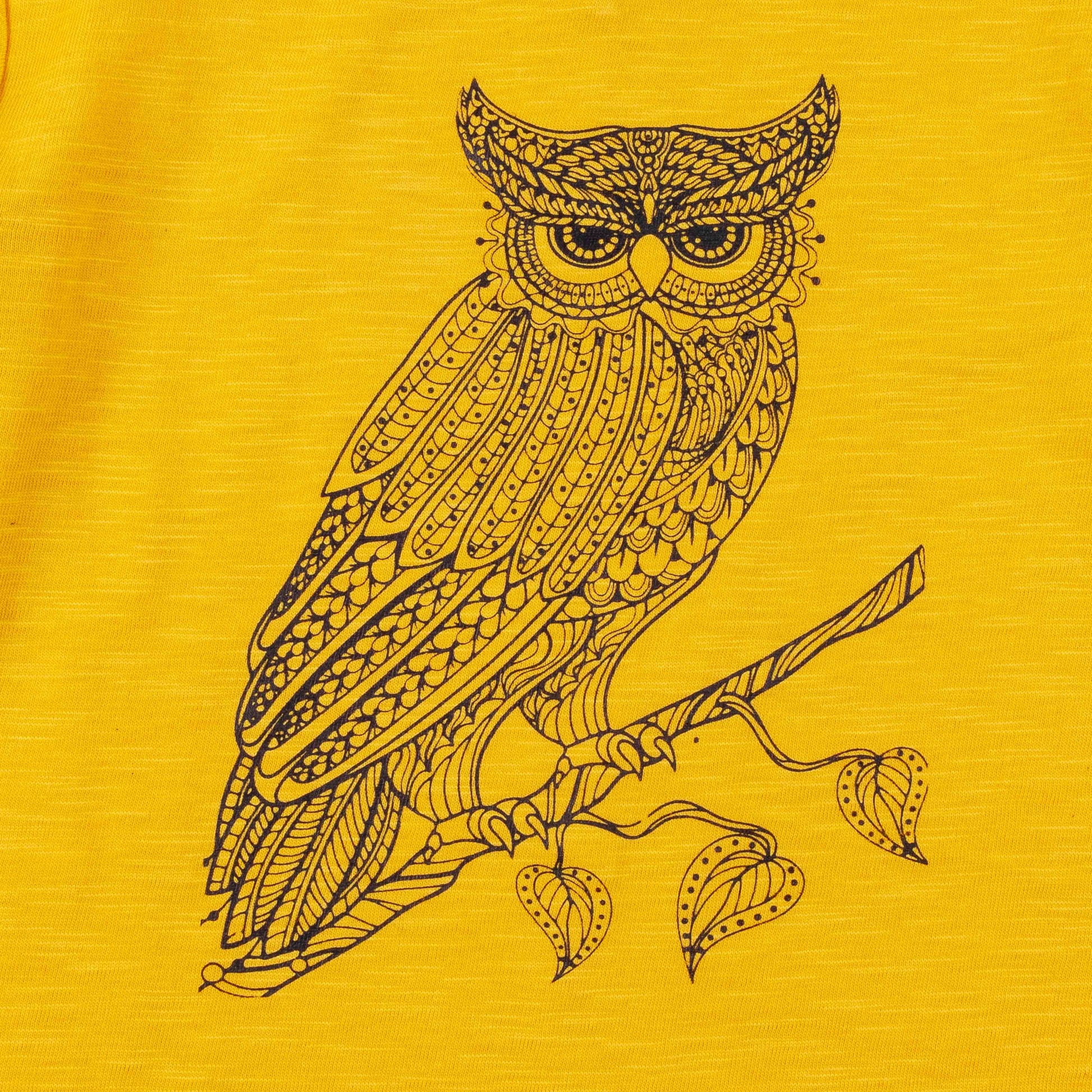 "Girls' Mustard Yellow Full Sleeve T-Shirt – Artistic Owl Graphic"