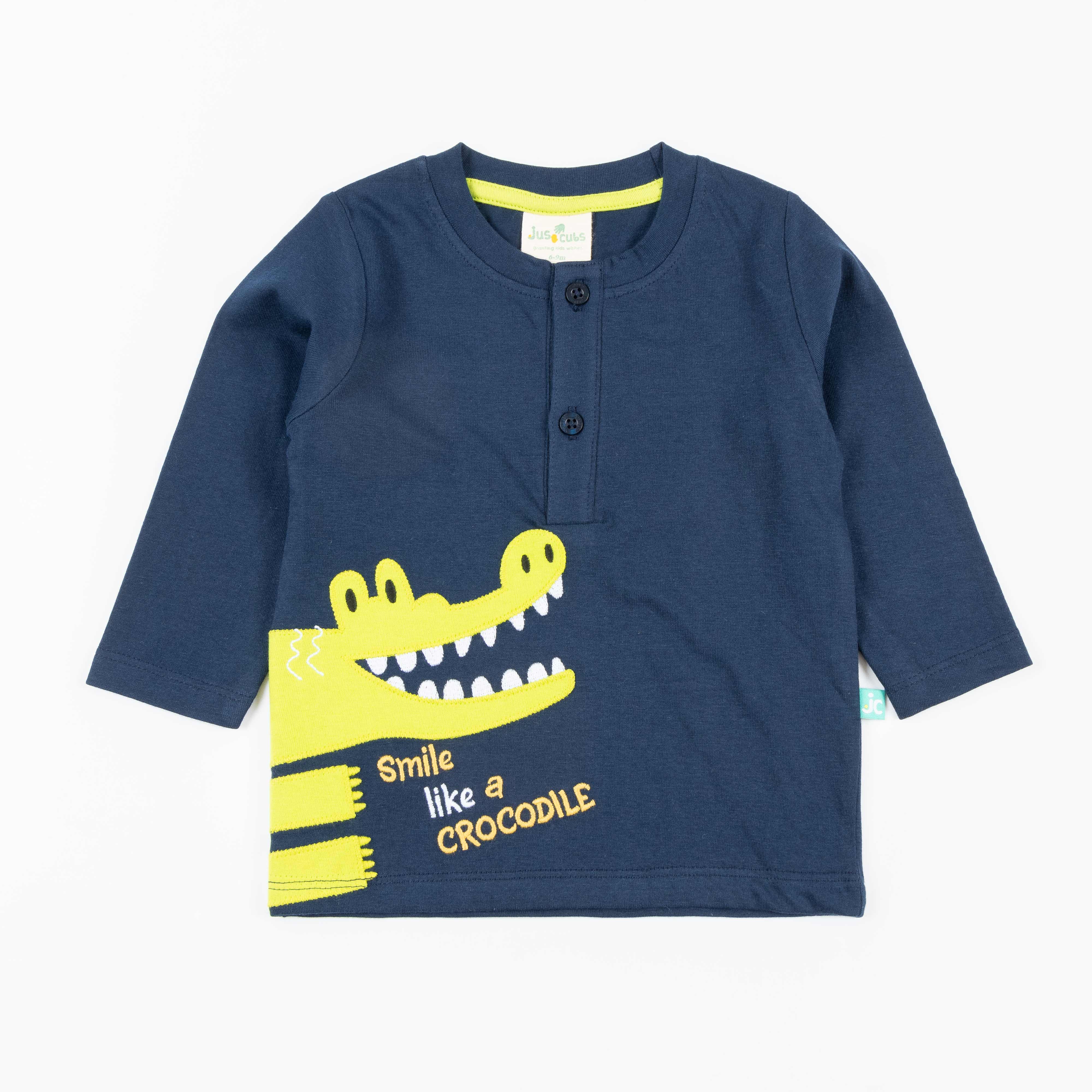 "Boys 'Smile Like a Crocodile' Henley Tee – Long Sleeve Animal Graphic T-shirt"