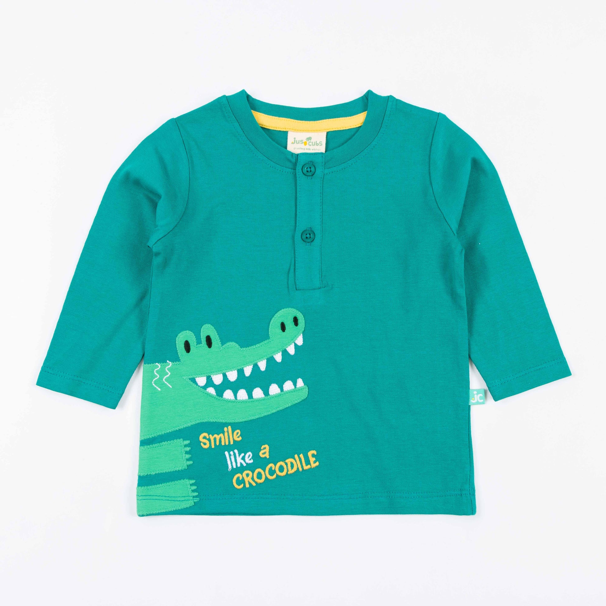 "Boys 'Smile Like a Crocodile' Henley Tee – Long Sleeve Animal Graphic T-shirt"