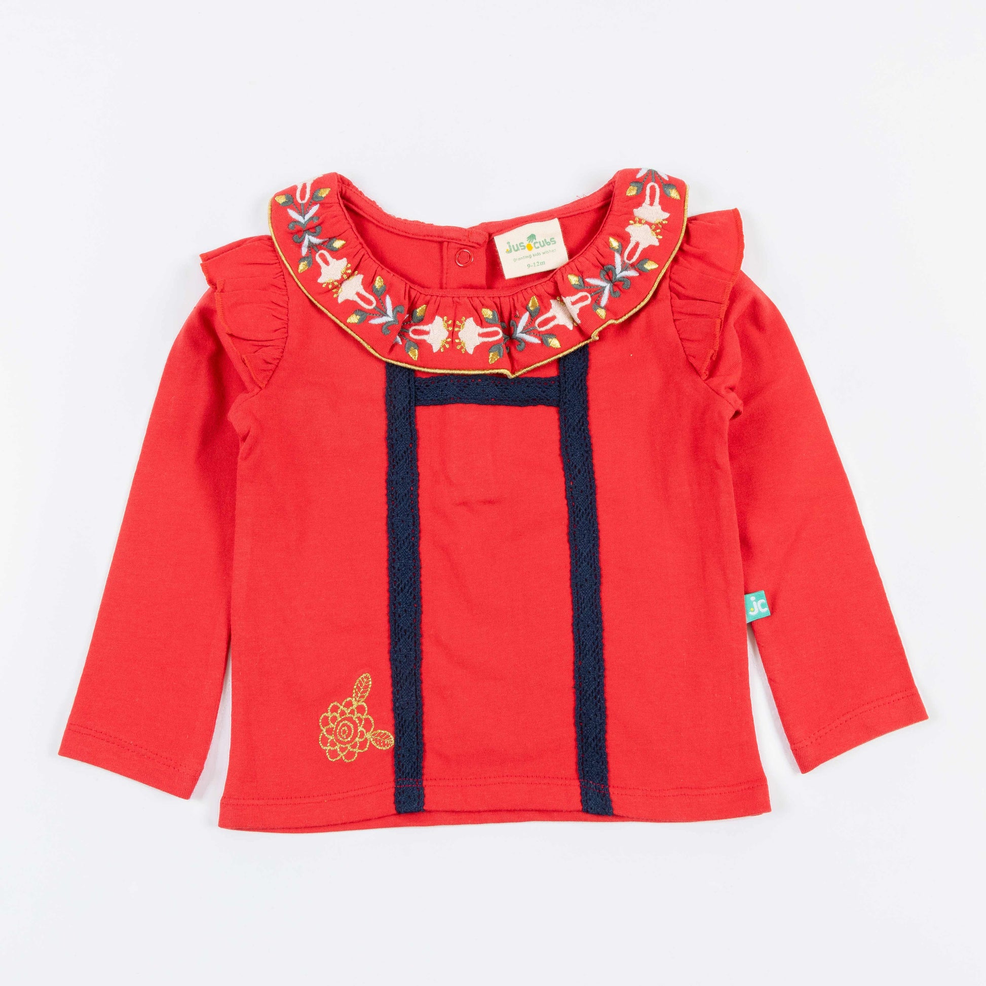 Girls' Long Sleeve T-shirt with Embroidered Collar and Navy Trim