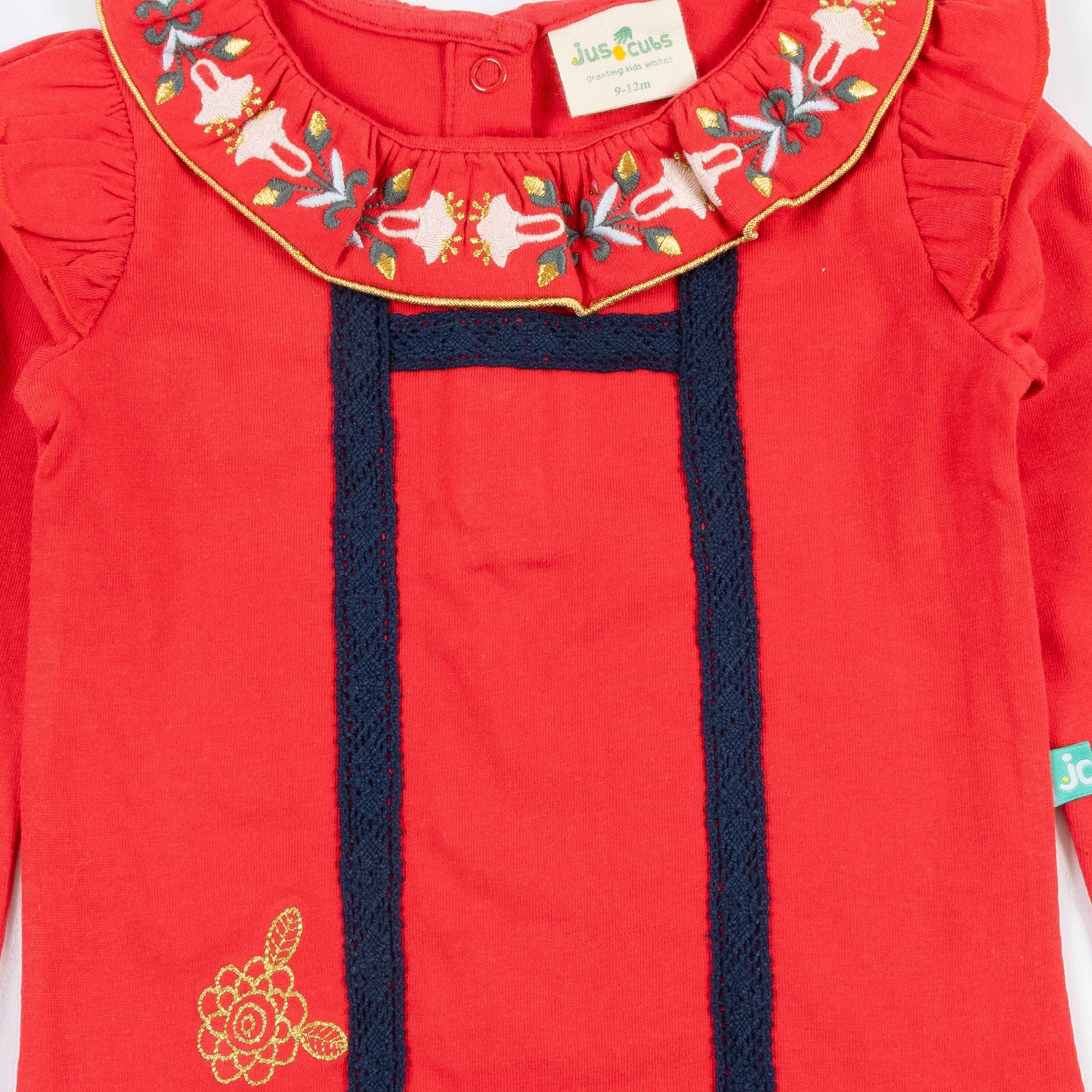Girls' Long Sleeve T-shirt with Embroidered Collar and Navy Trim