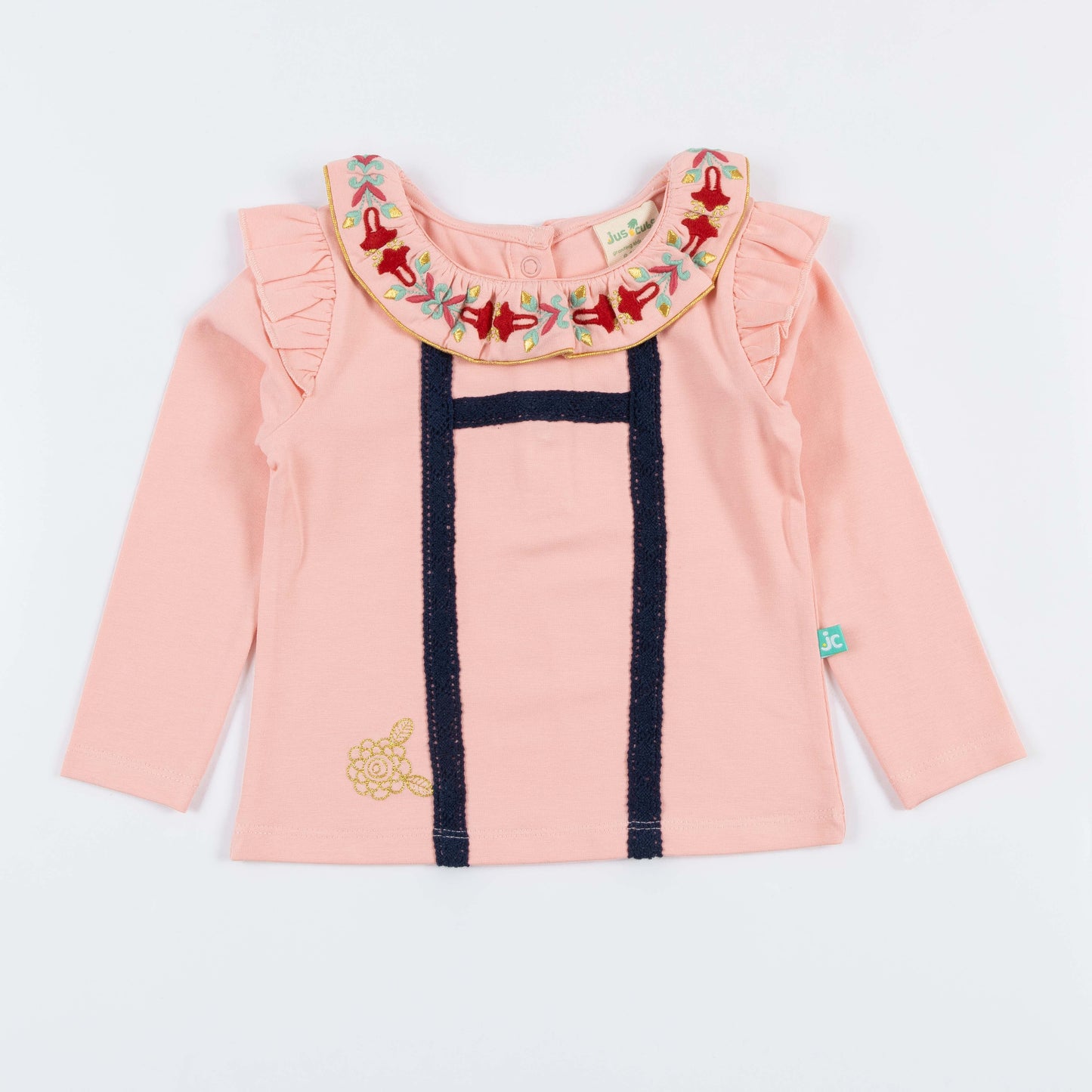 Girls' Long Sleeve T-shirt with Embroidered Collar and Navy Trim