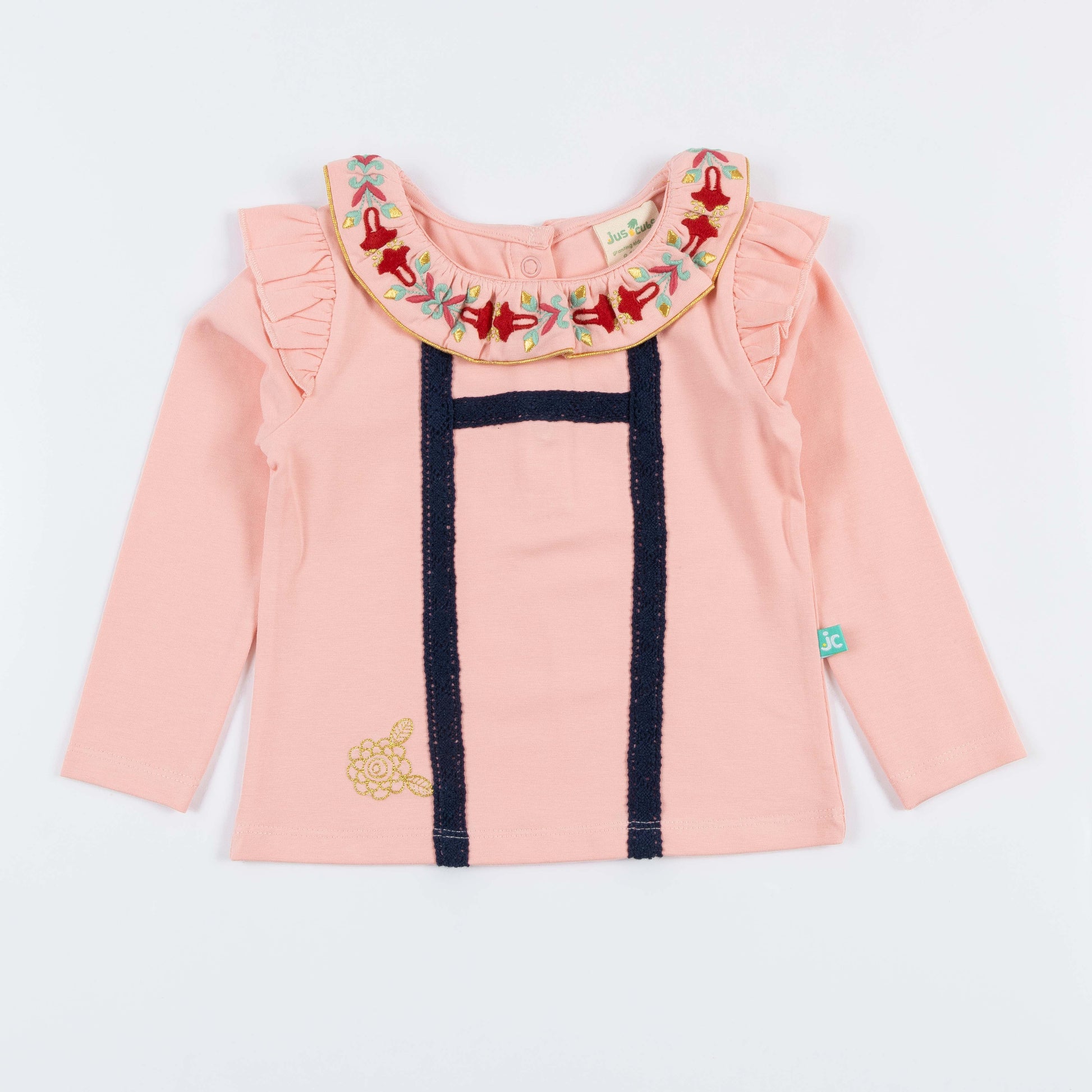 Girls' Long Sleeve T-shirt with Embroidered Collar and Navy Trim