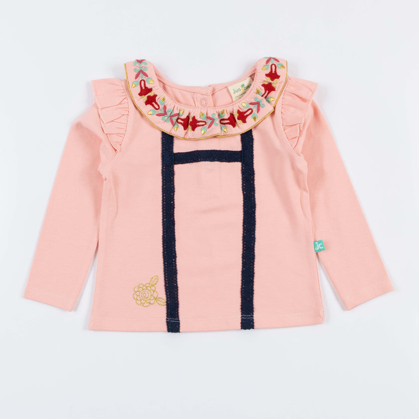 Girls' Long Sleeve T-shirt with Embroidered Collar and Navy Trim