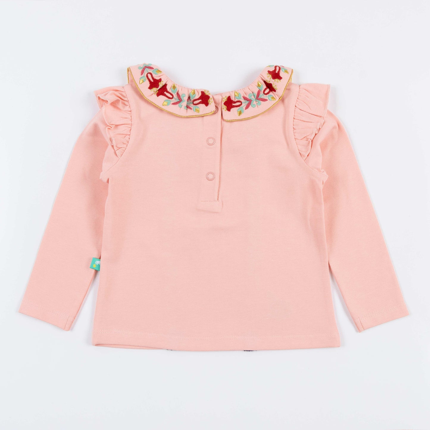 Girls' Long Sleeve T-shirt with Embroidered Collar and Navy Trim