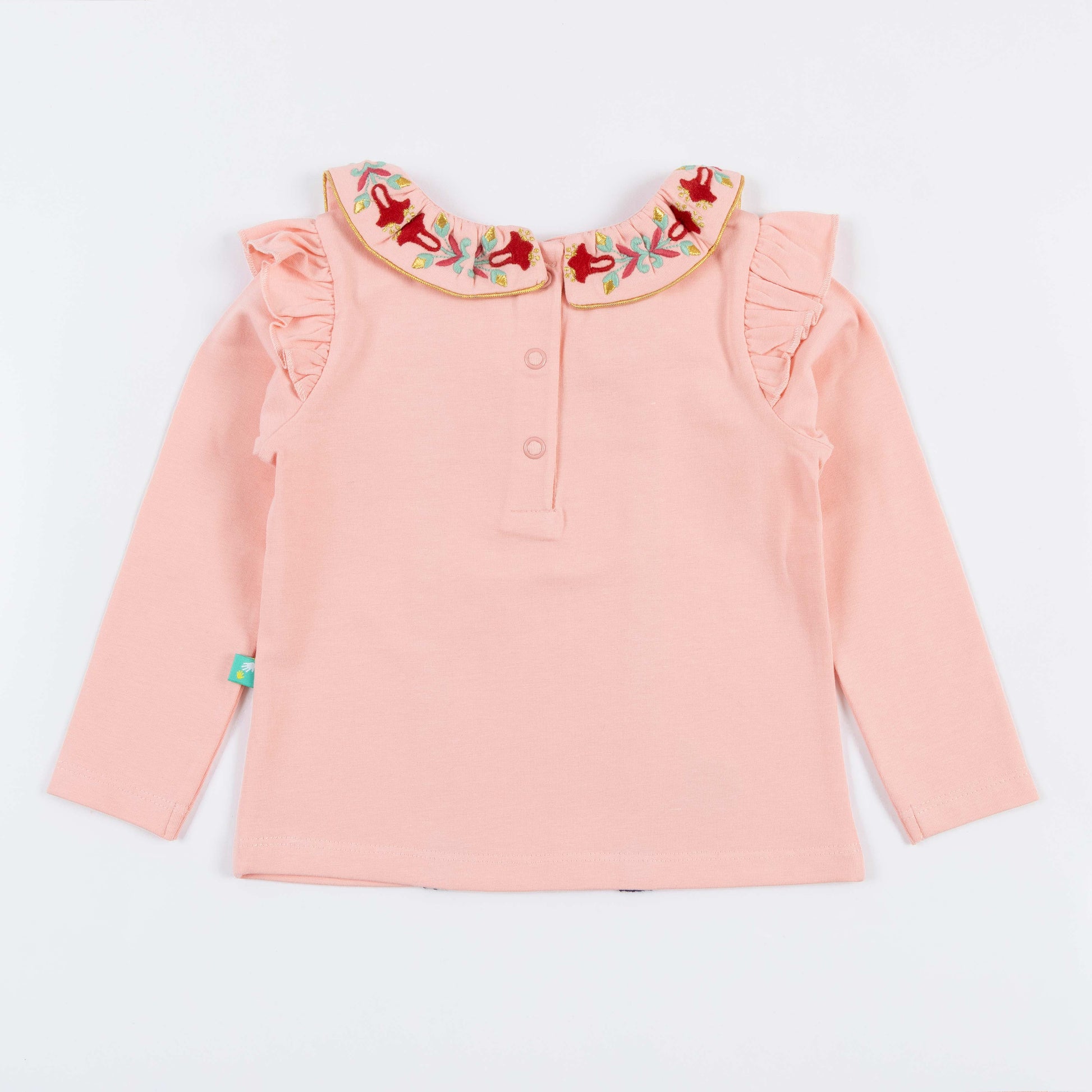 Girls' Long Sleeve T-shirt with Embroidered Collar and Navy Trim