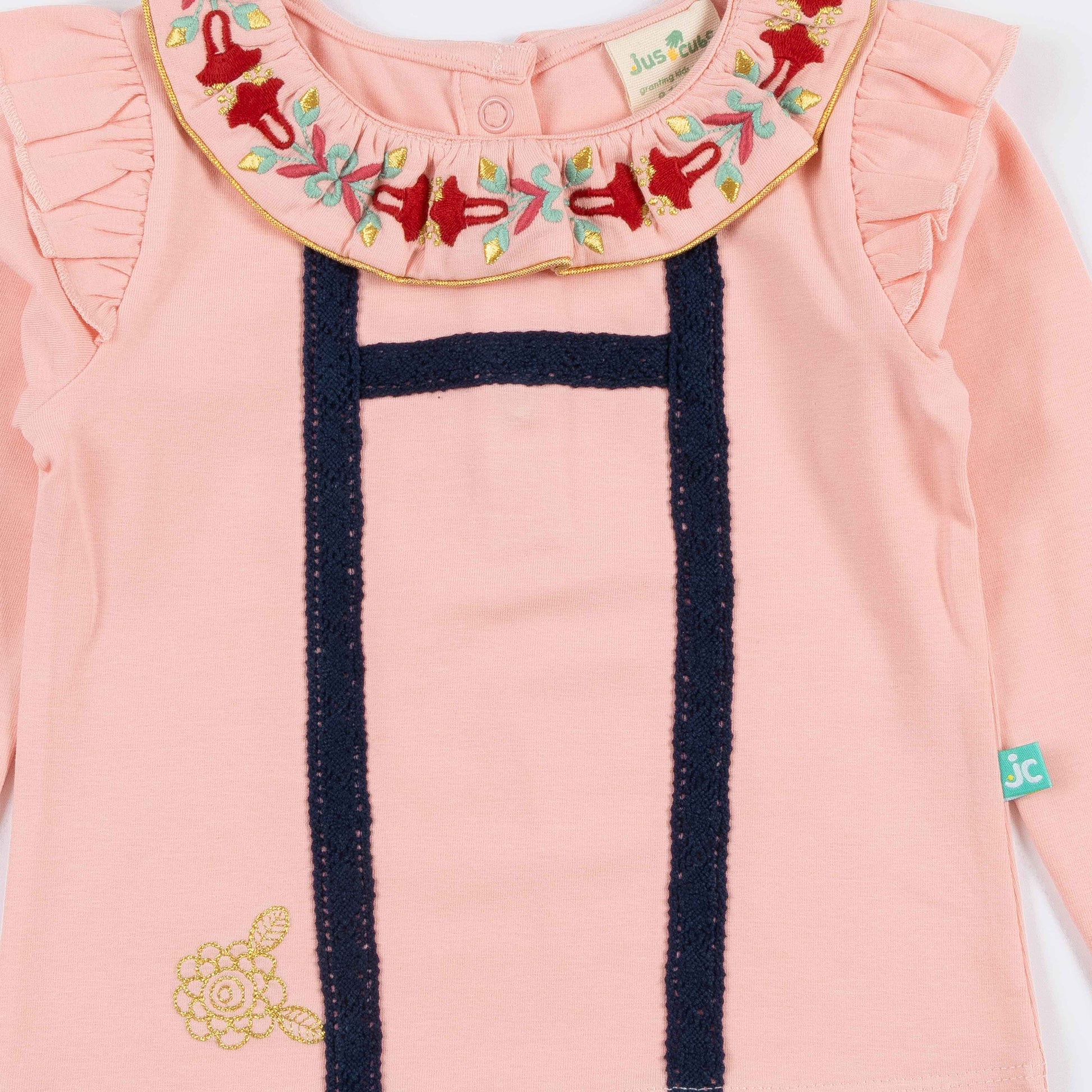 Girls' Long Sleeve T-shirt with Embroidered Collar and Navy Trim