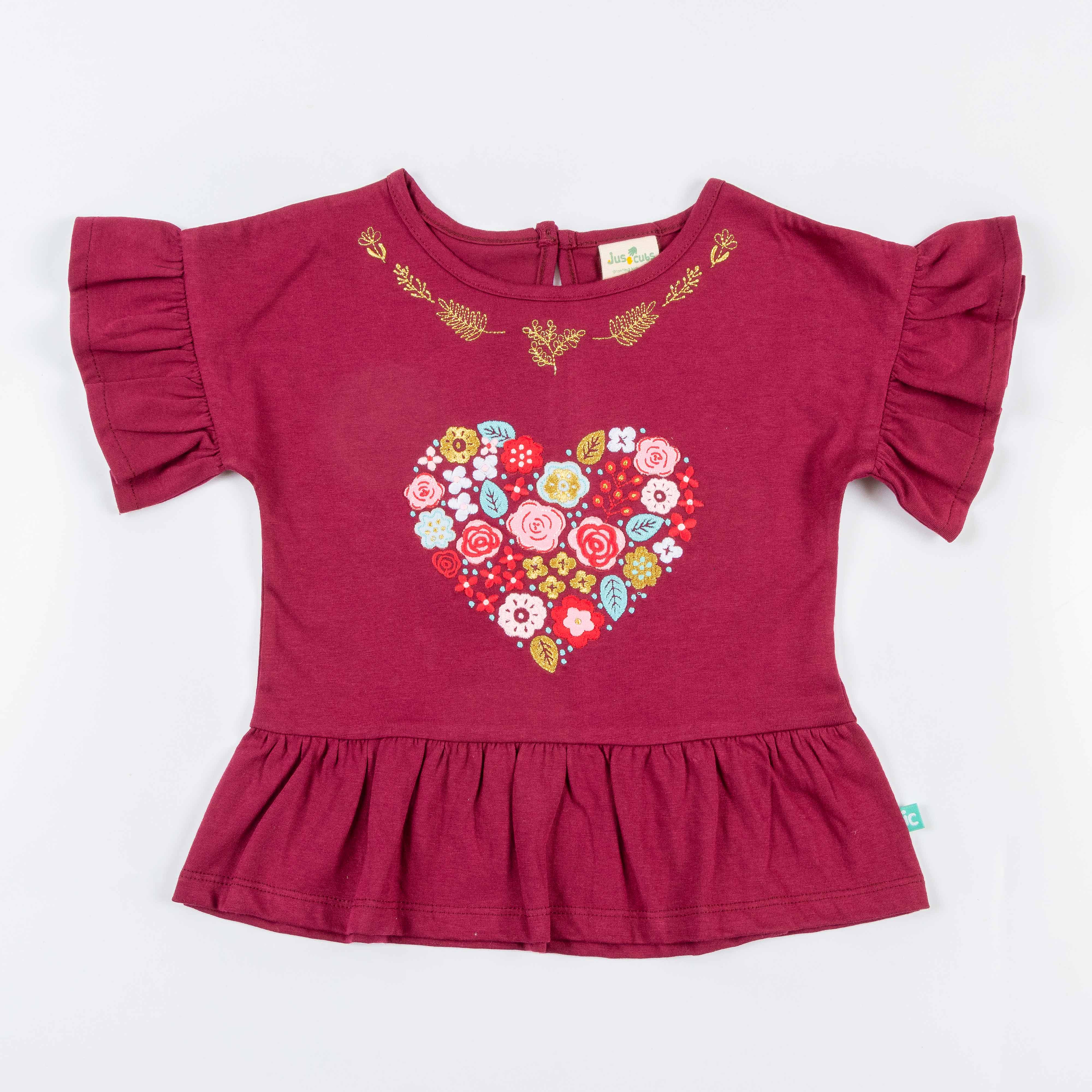 "Girls'  Peplum Top with Floral Heart Print & Ruffle Sleeves"