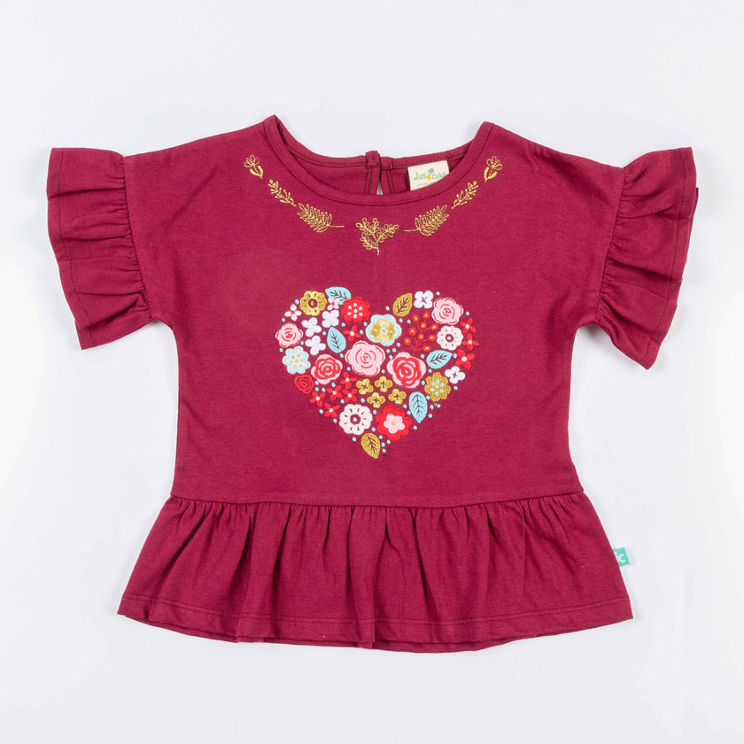 "Girls'  Peplum Top with Floral Heart Print & Ruffle Sleeves"