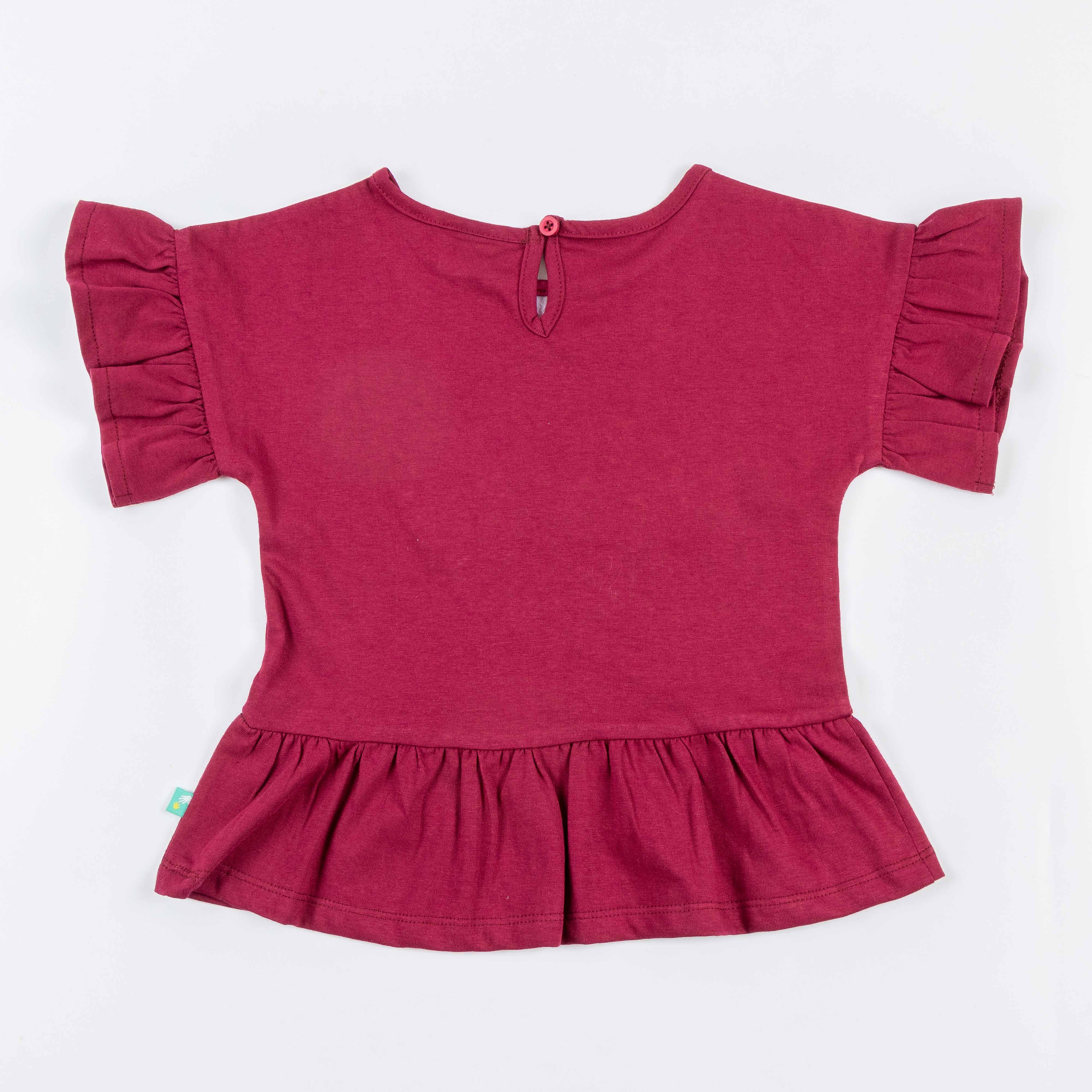 "Girls'  Peplum Top with Floral Heart Print & Ruffle Sleeves"
