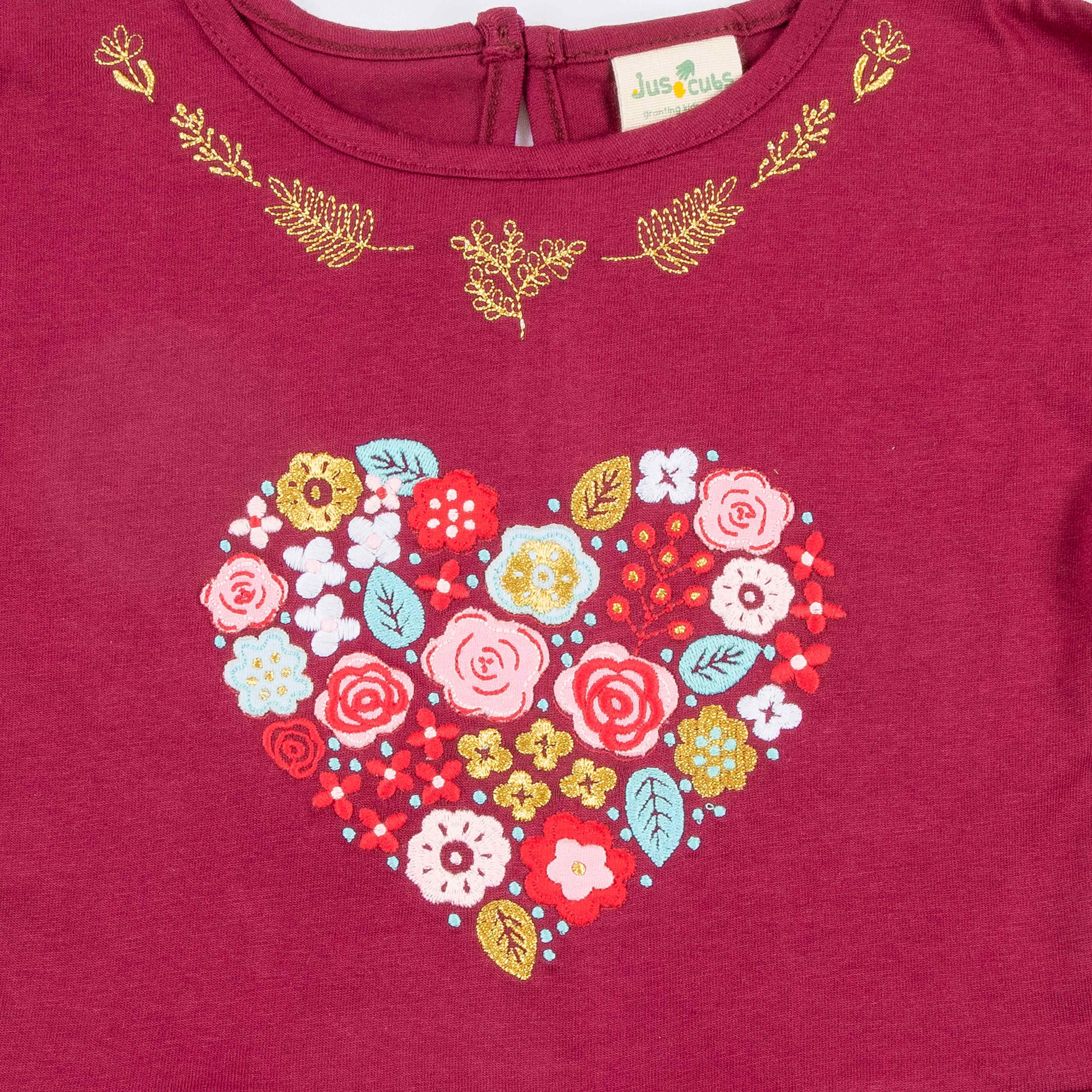 "Girls'  Peplum Top with Floral Heart Print & Ruffle Sleeves"