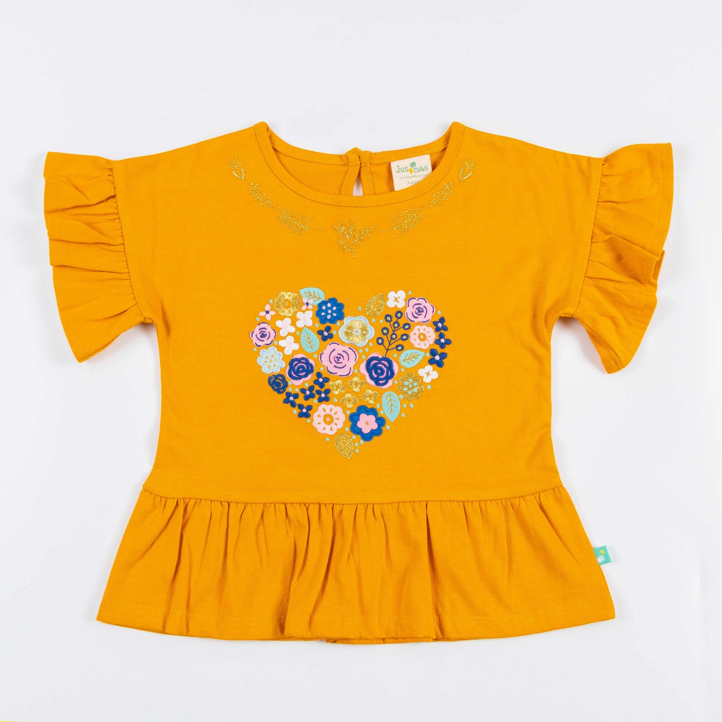 Baby Girls' Floral Heart Peplum Top – Mustard Yellow Ruffled Sleeve T-Shirt