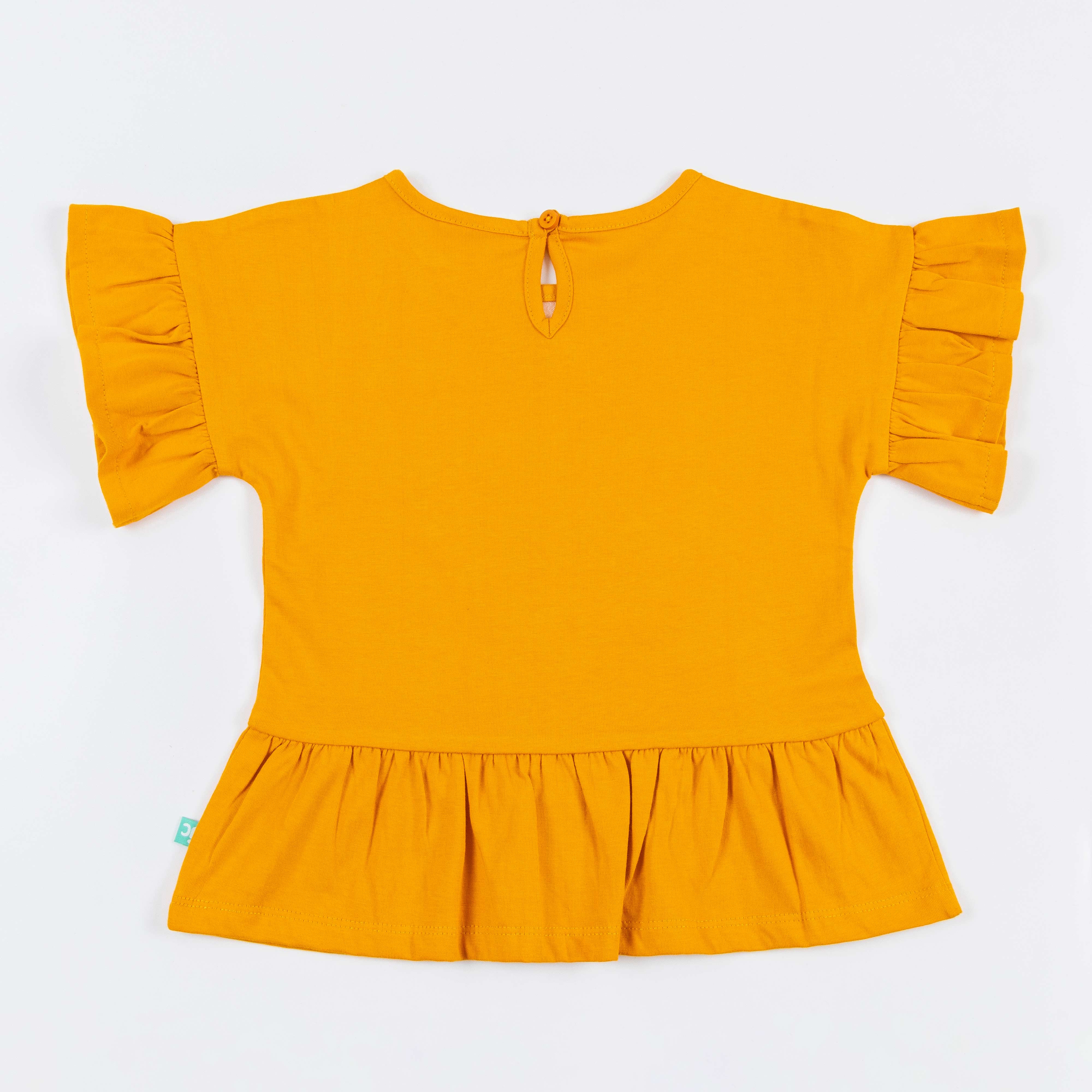 "Girls'  Peplum Top with Floral Heart Print & Ruffle Sleeves"