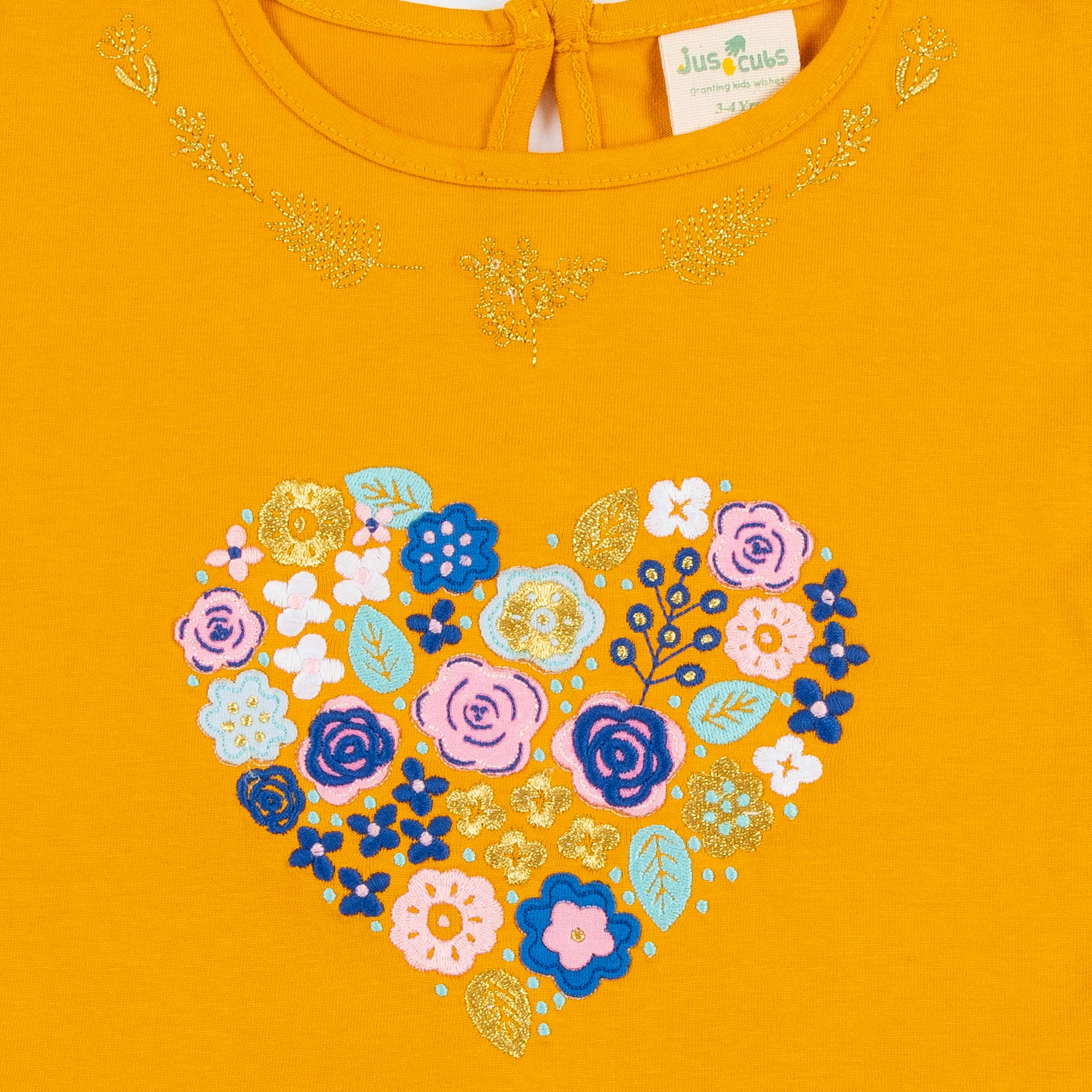 "Girls'  Peplum Top with Floral Heart Print & Ruffle Sleeves"