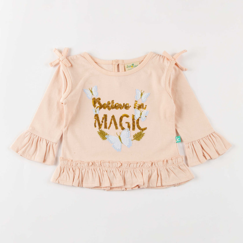 "Girls' Ruffle Hem Top with Butterfly Print & 'Believe in Magic' Glitter Text"