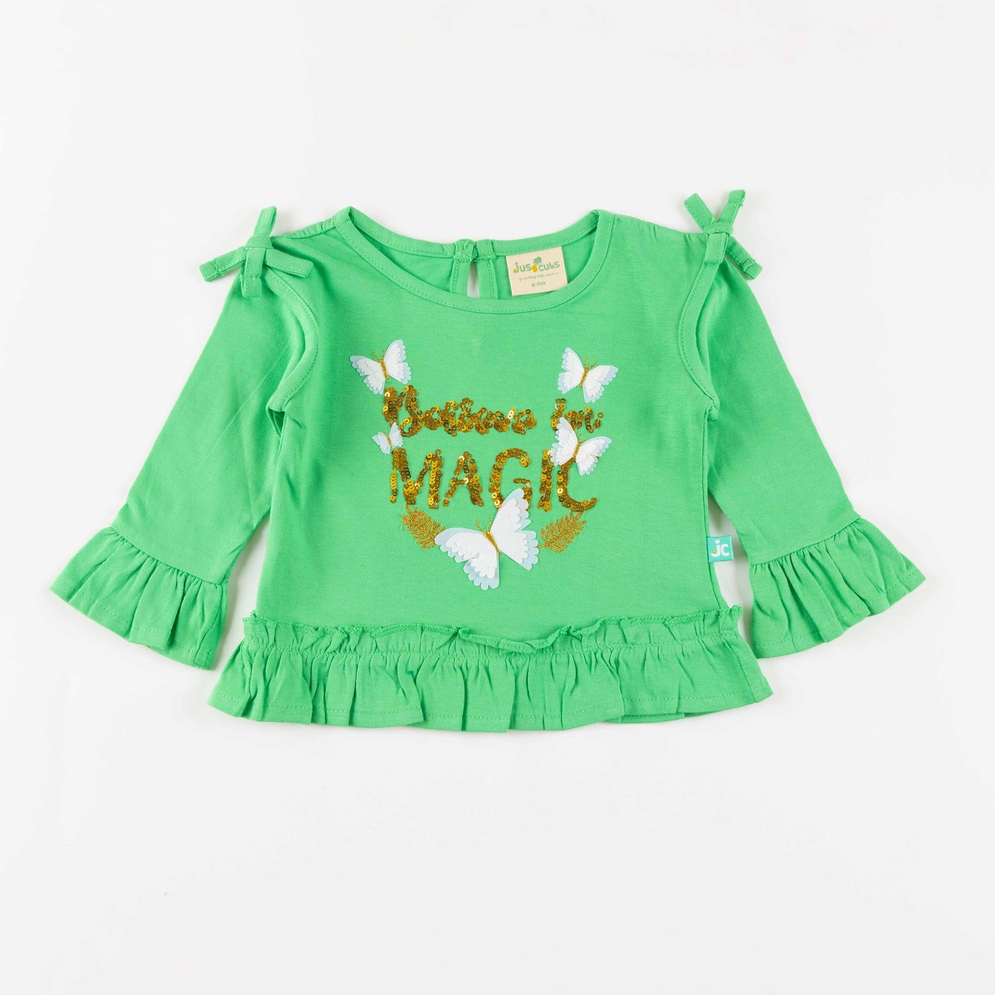 "Girls' Ruffle Hem Top with Butterfly Print & 'Believe in Magic' Glitter Text"
