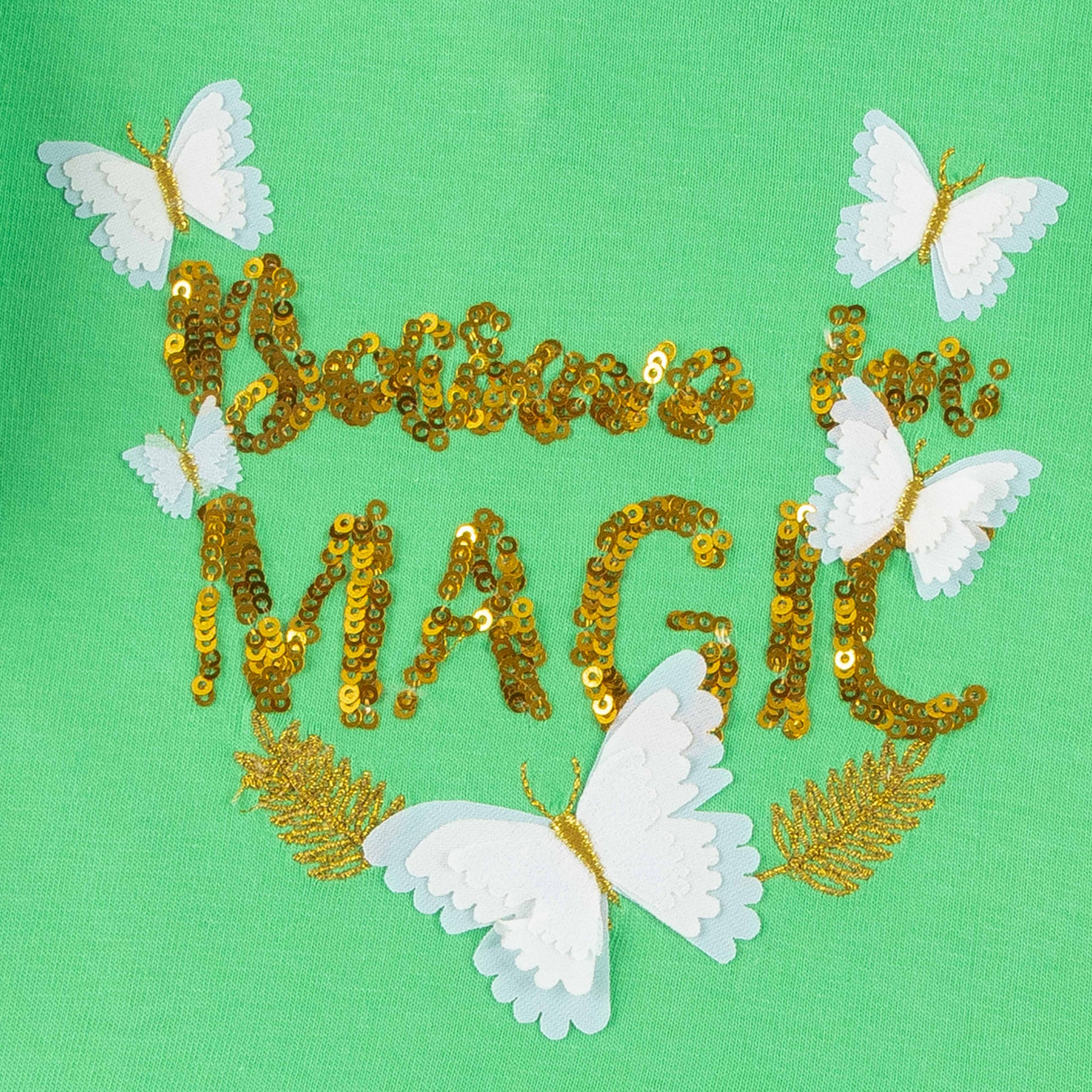 "Girls' Ruffle Hem Top with Butterfly Print & 'Believe in Magic' Glitter Text"