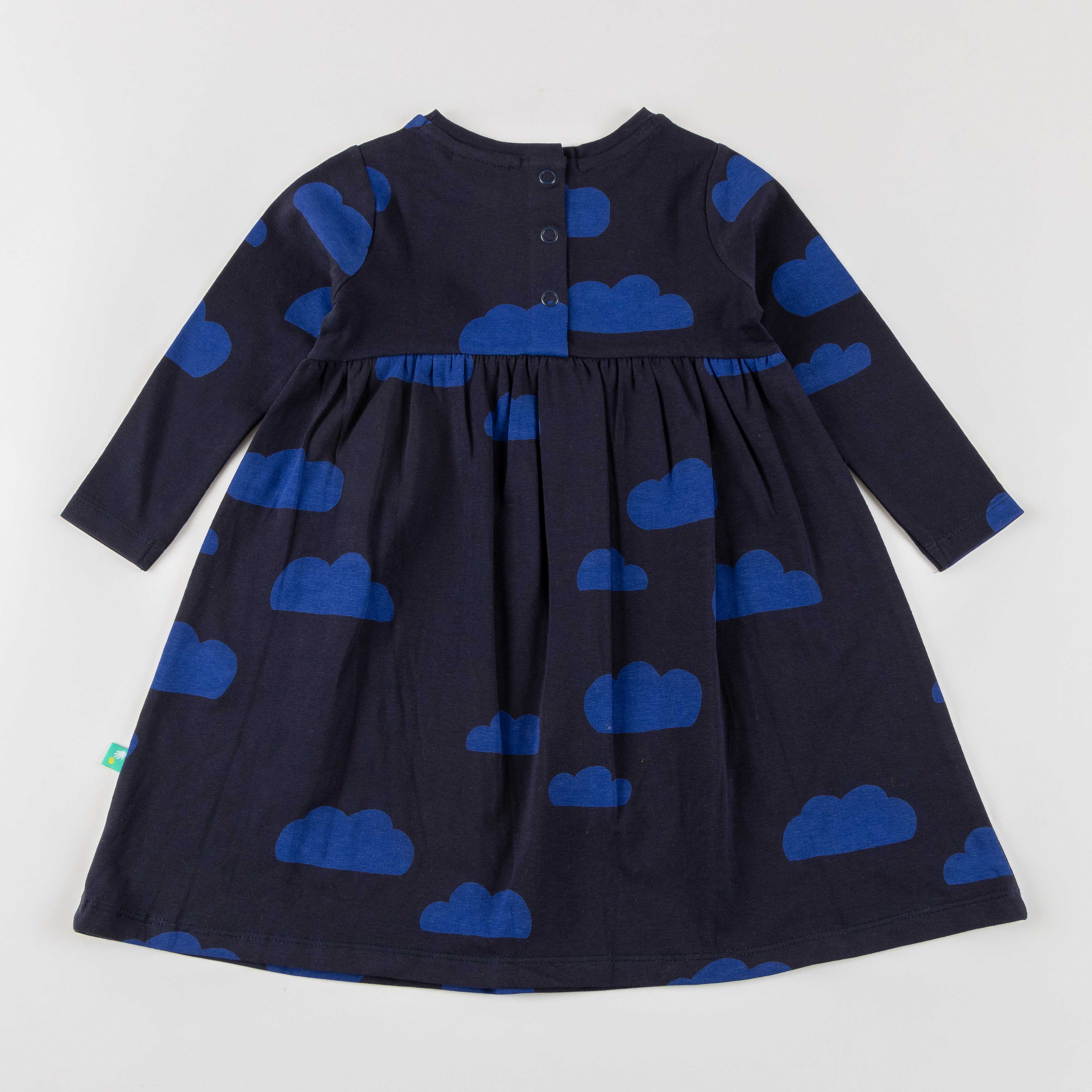 "Baby Girls' Navy Blue Long Sleeve Dress with Blue Cloud Print