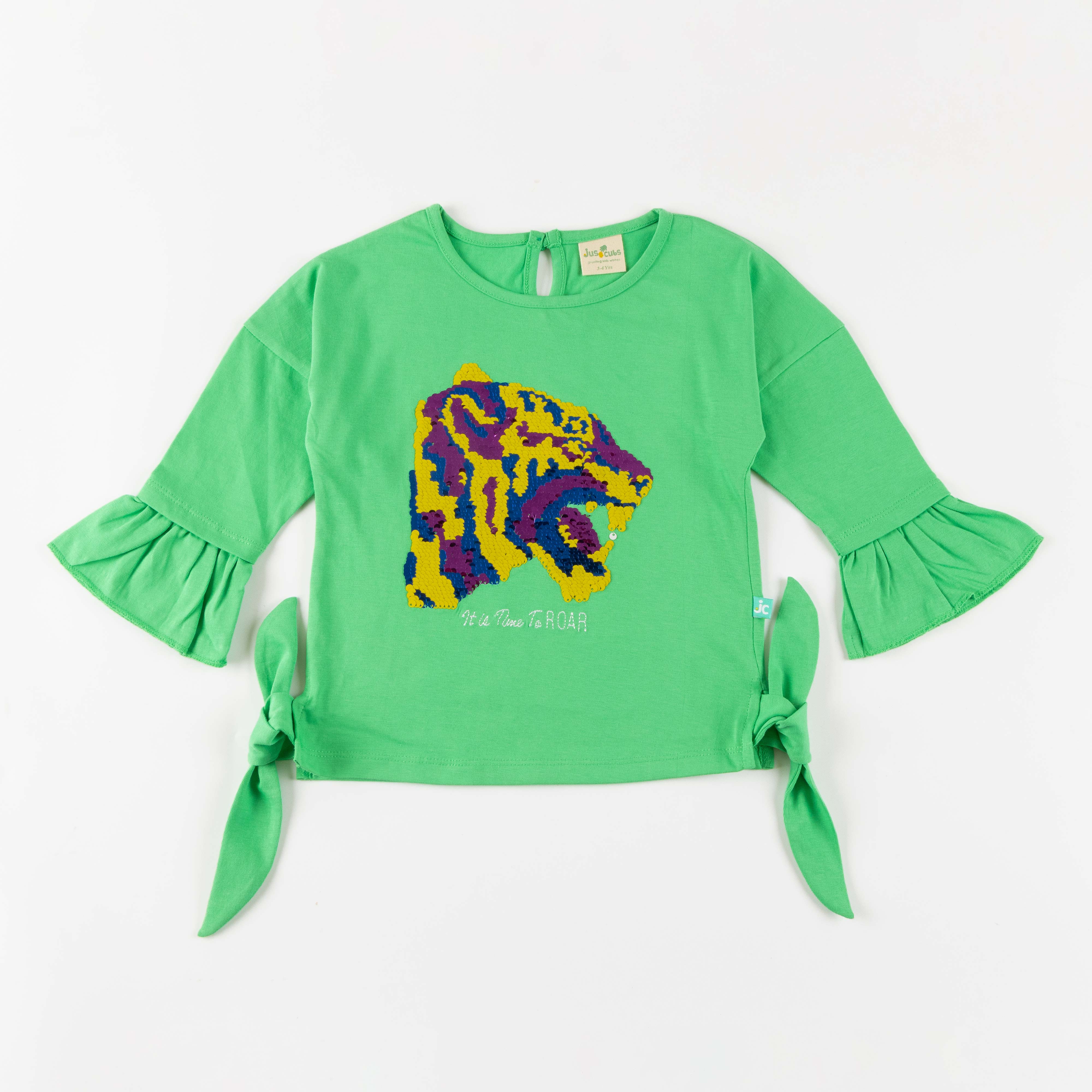 "Girls'  Ruffle Sleeve Top with Colorful Tiger Print – 'Time to Roar' Design"