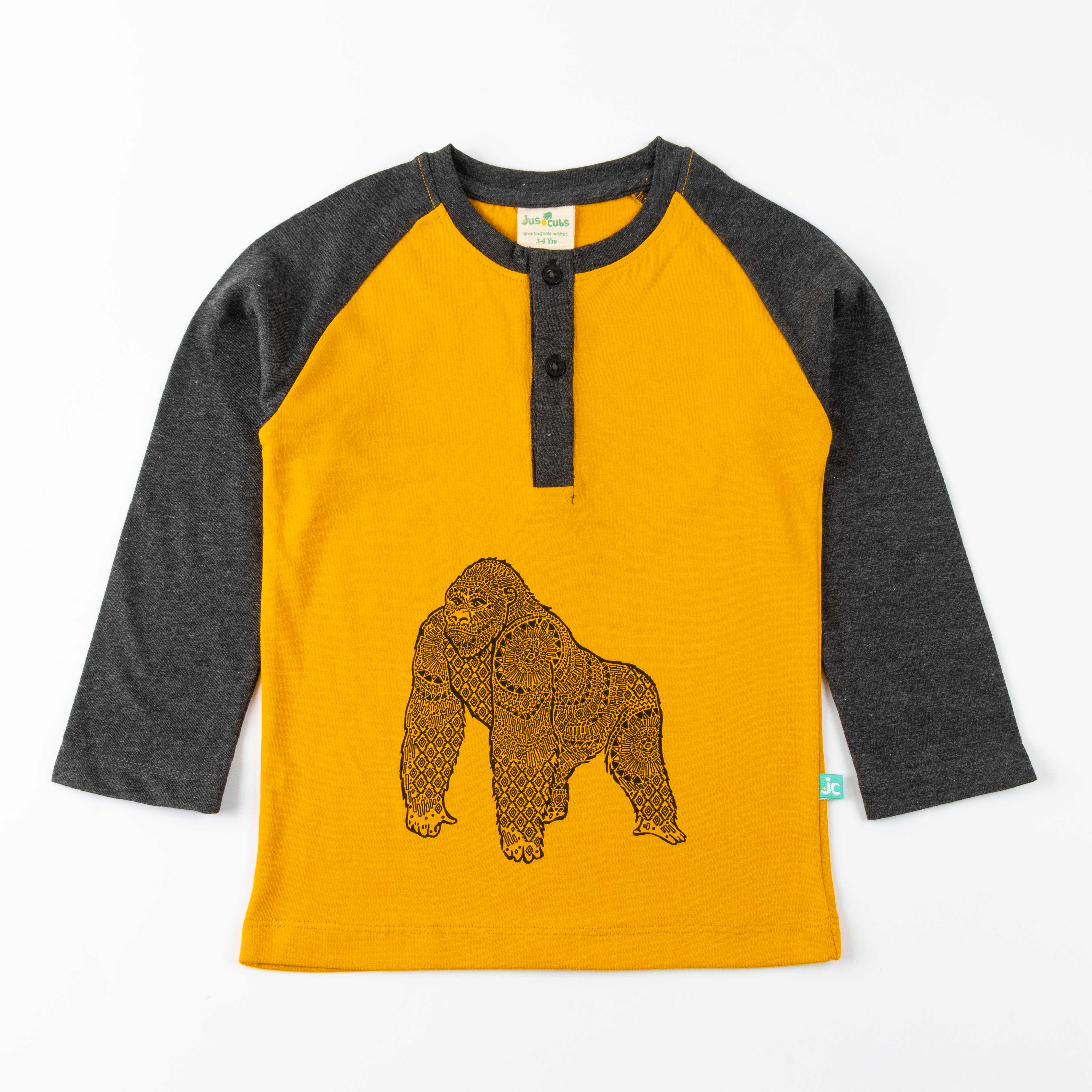 "Boys' Charcoal Henley T-Shirt with Gorilla Print