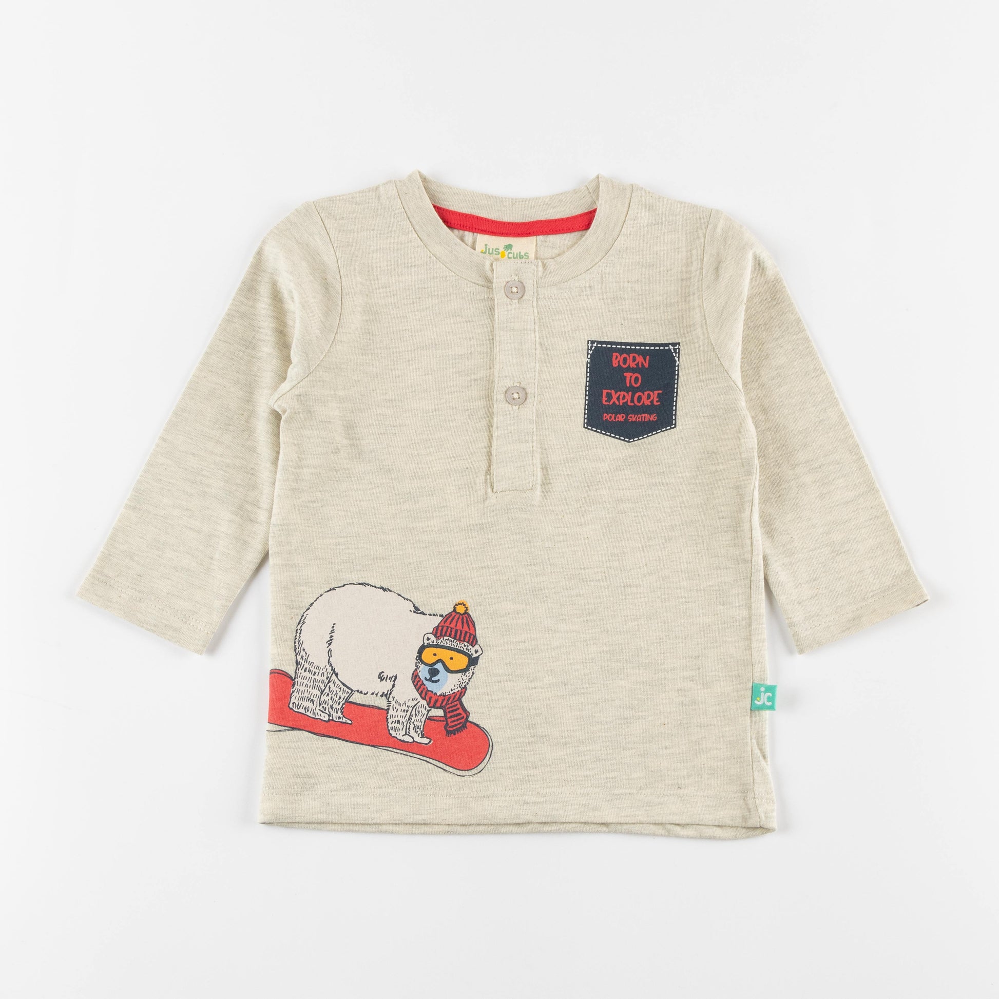 "Baby Boys 'Born to Explore' Henley Tee – Long Sleeve Polar Bear Print T-shirt"